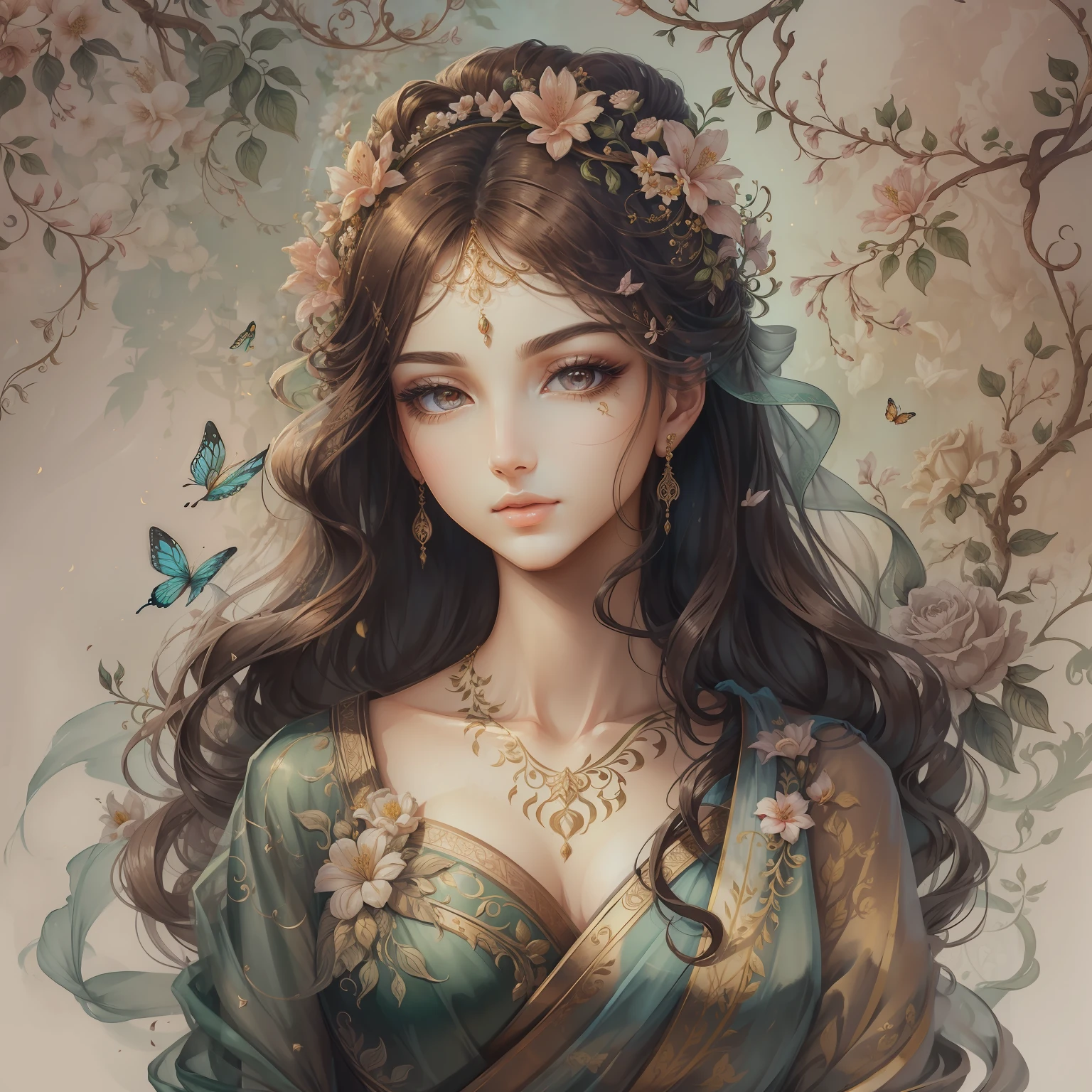 classical aesthetics,Beautiful and meticulous portrayal,High-definition detail,Ancient beauty,The posture is natural,The details stand out,Flowers, vines, butterflys,lovely lips,Revel in the eyes,Flowing, Smooth hair,Beautiful face,Ink painting effect,Natural light