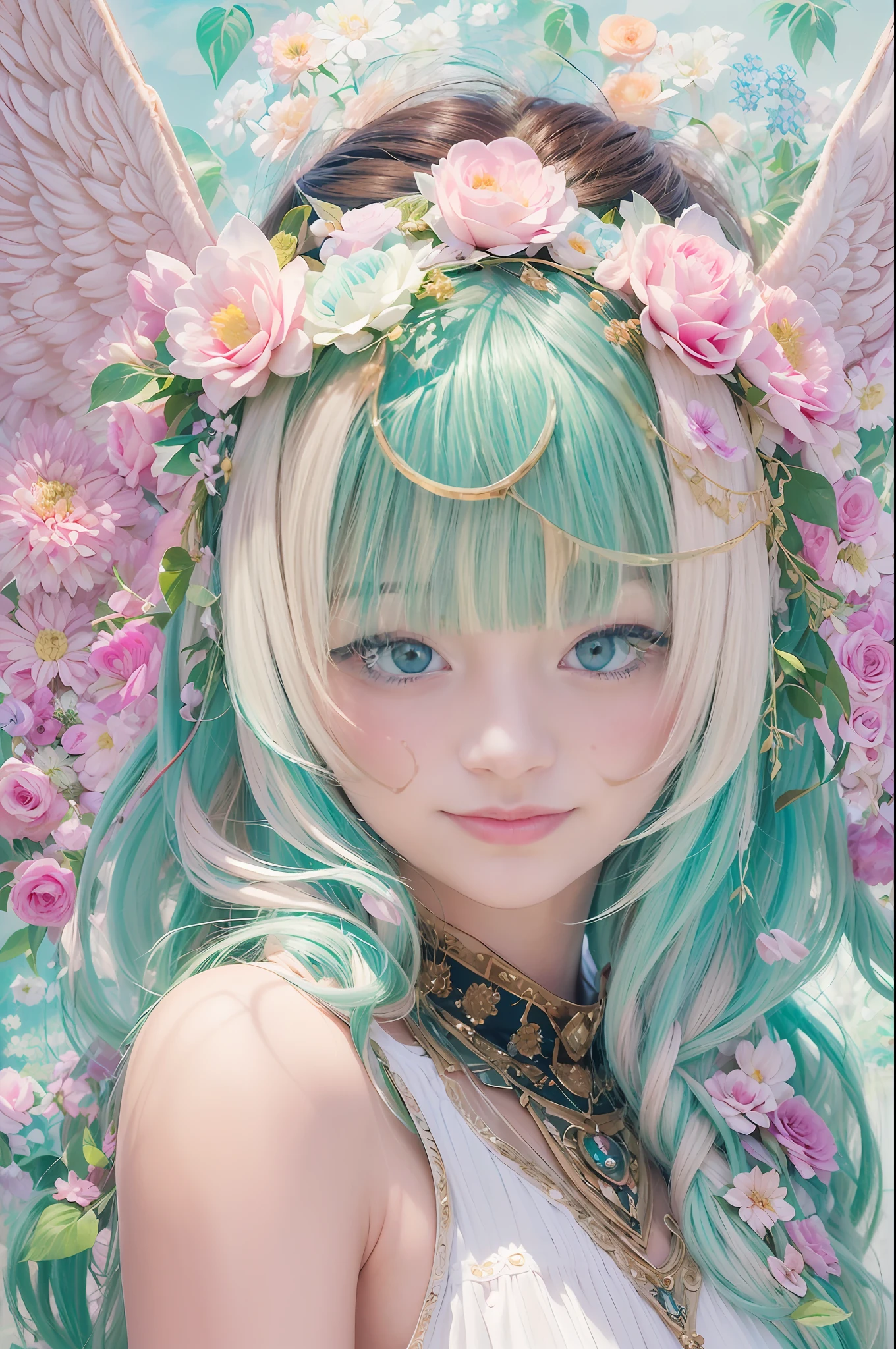 (8K、RAW、proffesional、top-quality、masterpiece:1.2)、(realisitic、Photorealsitic:1.37)、The ultra-detailliert、(portlate)、(Highest Detail Skin:1.2)、(Highest Detail Face:1.2)、cinematlic lighting、1girll、lightbrown hair、Intense crystal light blue eyes、耳Nipple Ring、kawaii、Pale pink color illustration、(Angel wings、😇、a smile、😌🥰Archaic Smile).hyper realstic、Ultra-realistic、Depiction of the human body without distortion、Monna Lisa、Woman in the Arms、Near and far law、Three-dimensional、Contemporary painting、moderno、world masterpiece、collection、Homage to the art or artist work of Picasso and Renoir, Not sentimental、Excellent portrayal、Gentle expression、More detailed character faces, Serious competition、Compositions like paintings、(Konmutsuki_Gacha_Series 1, punk_rosette), Realistic、Delicate brushwork、aqua color flowers, (Full body, elegant flowers background)