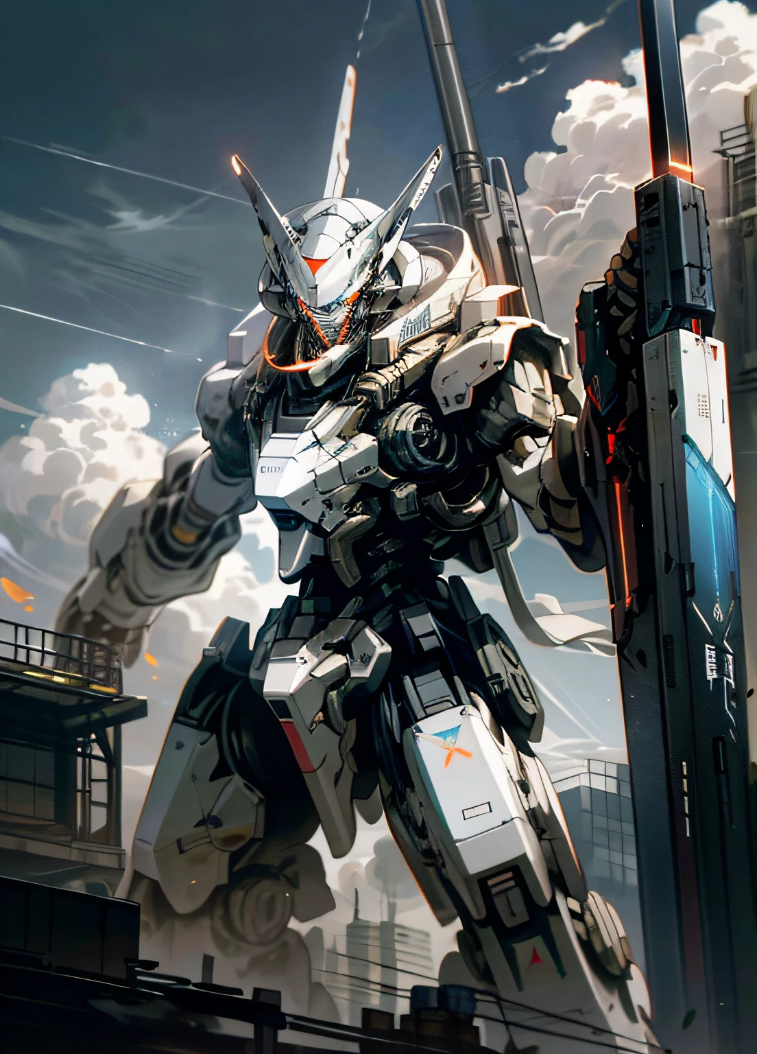 Skysky，​​clouds，holdingweapon，no-humans，with light glowing，droid，buildings，Glowing eyes，mechs，scientific fiction，城市，Realistis，mechs