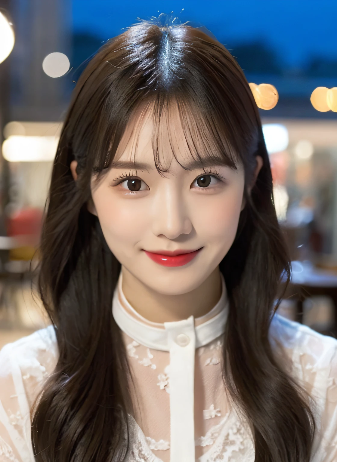 (8k, top quality, masterpiece: 1.2), (realistic, photorealistic: 1.37), super detailed, girl alone, cute, alone, beautiful detailed sky, detailed café, night, sitting, date, (blush), (smile: 1.15),(closed)small,beautiful fine eyes,(shirt with collar:1.1),night,wet,business wear,rain,white lace,(long hair:1.2),floating hair NovaFrogStyle,
