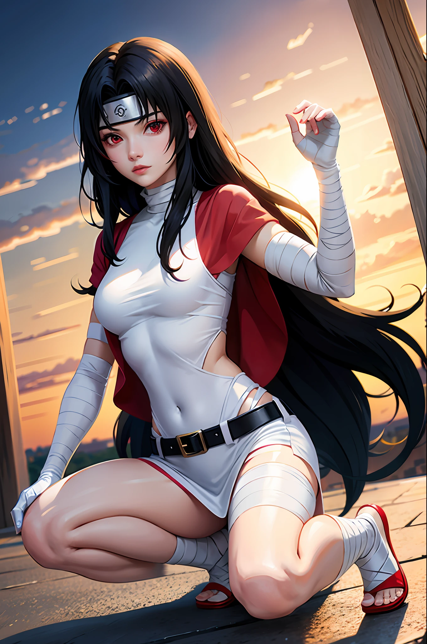 nar_kurenai_yuhi,forehead protector,bandages, full body,red eyes, wariza