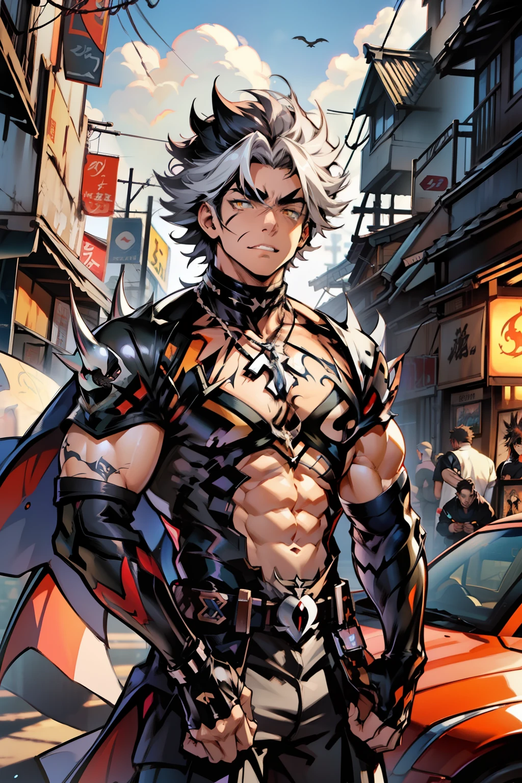 《the original god》Arataki Kazuto , male people，，((Masterpiece)), ((Best quality)), Ultra detailed,((illustration)), Dynamic Angle, Detailed light, (Delicate eyes), Floating, 1boy, Male focus, Head, Clothing, Yellow eyes, necklace, tattoo, (Forehead:0.8), (ahoge:0.8), jewelry, apathy，Ray， chest muscle， Sexy , Venom symbiote for your body, Black mucus of the body , （into venom）, Venom，frontage，style of anime4 K， 4K anime wallpaper， Badass anime 8 K， 4 k comic wallpaper， young anime man， Anime boys， Anime wallpapers 4 k， Anime wallpaper 4K， High quality anime art style， Anime moe art style， Anime art wallpaper 8 K， Anime art wallpaper 4 K， RGB lighting