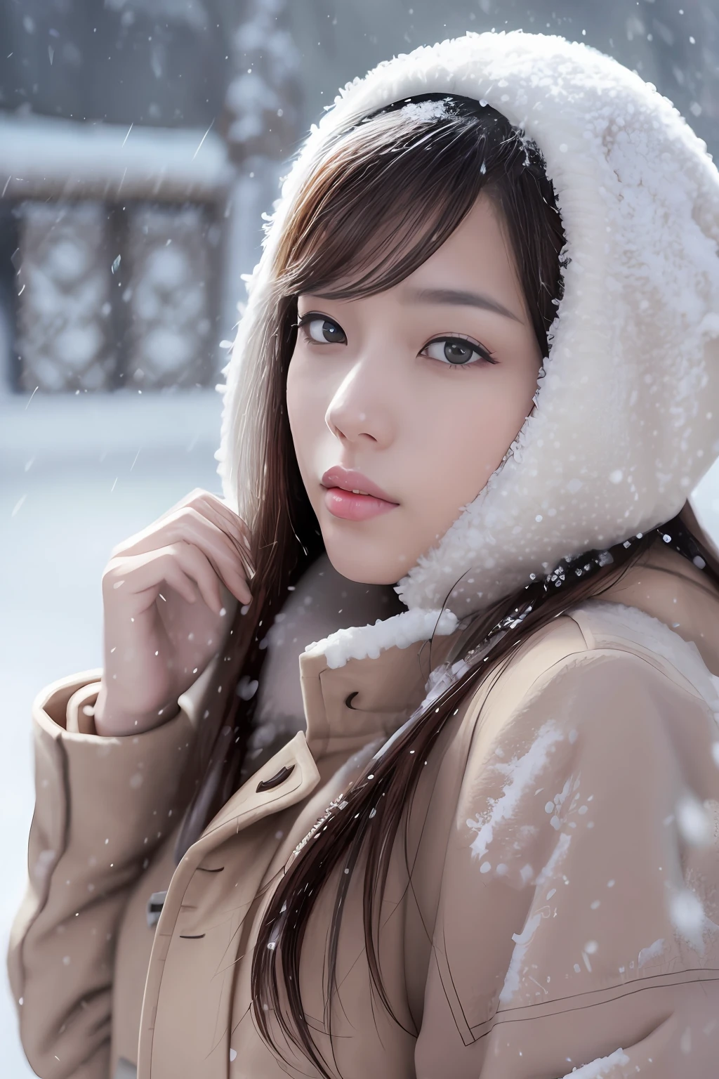 (Beautiful Korean Star)Realistic photos of shoulder length hair、thin makeup、Medium breast size、Wearing a coat、in snow、Clear facial features、8K High Resolution、sharp and realistic details、From the outside、Eye level shots、f / 4.0、135mm、Fuji Film、jpegartifacts、dithering、UHD、​masterpiece