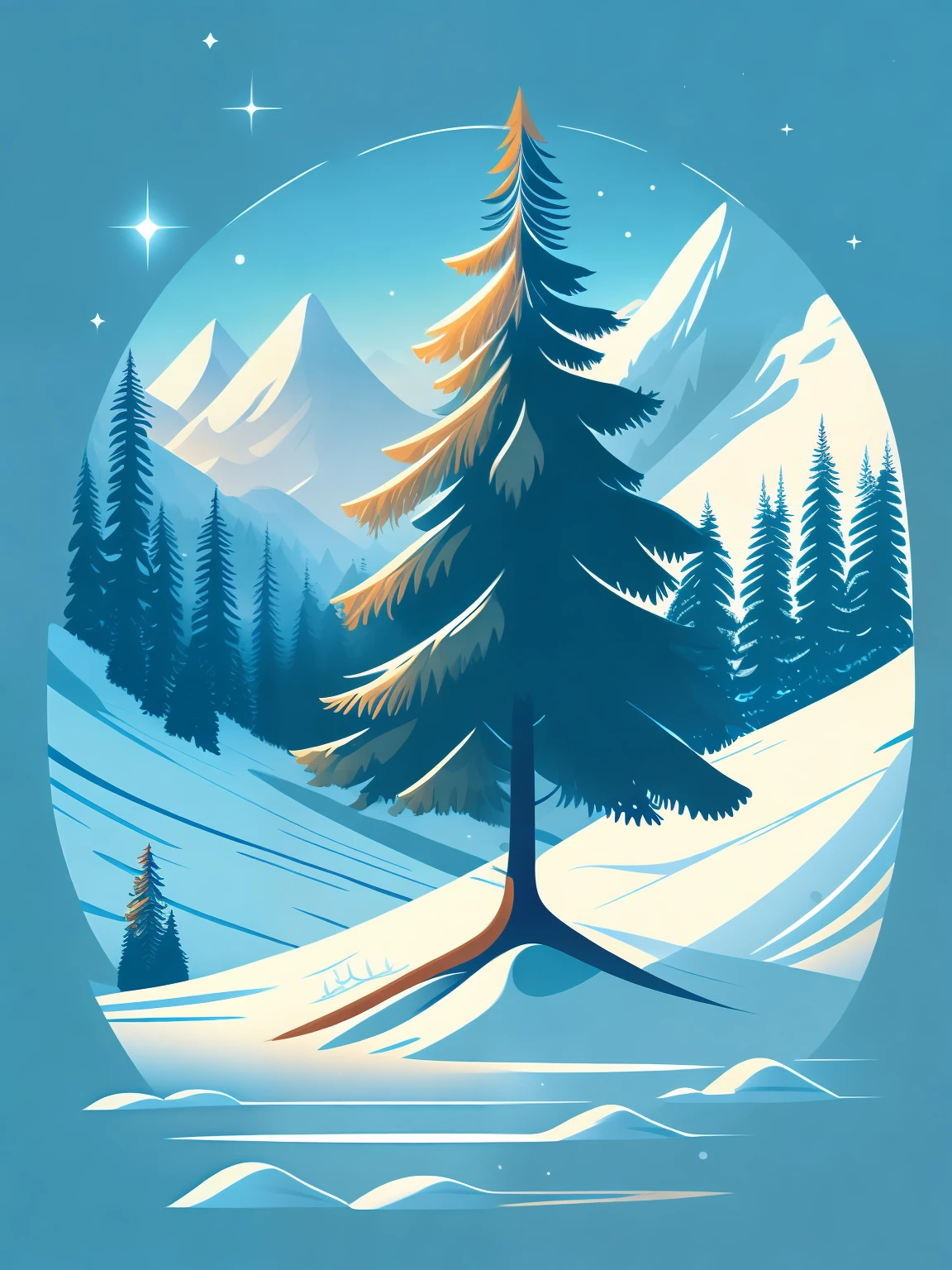 A spruce tree in a winter landscape, t-shirt design, rzminjourney, vector art