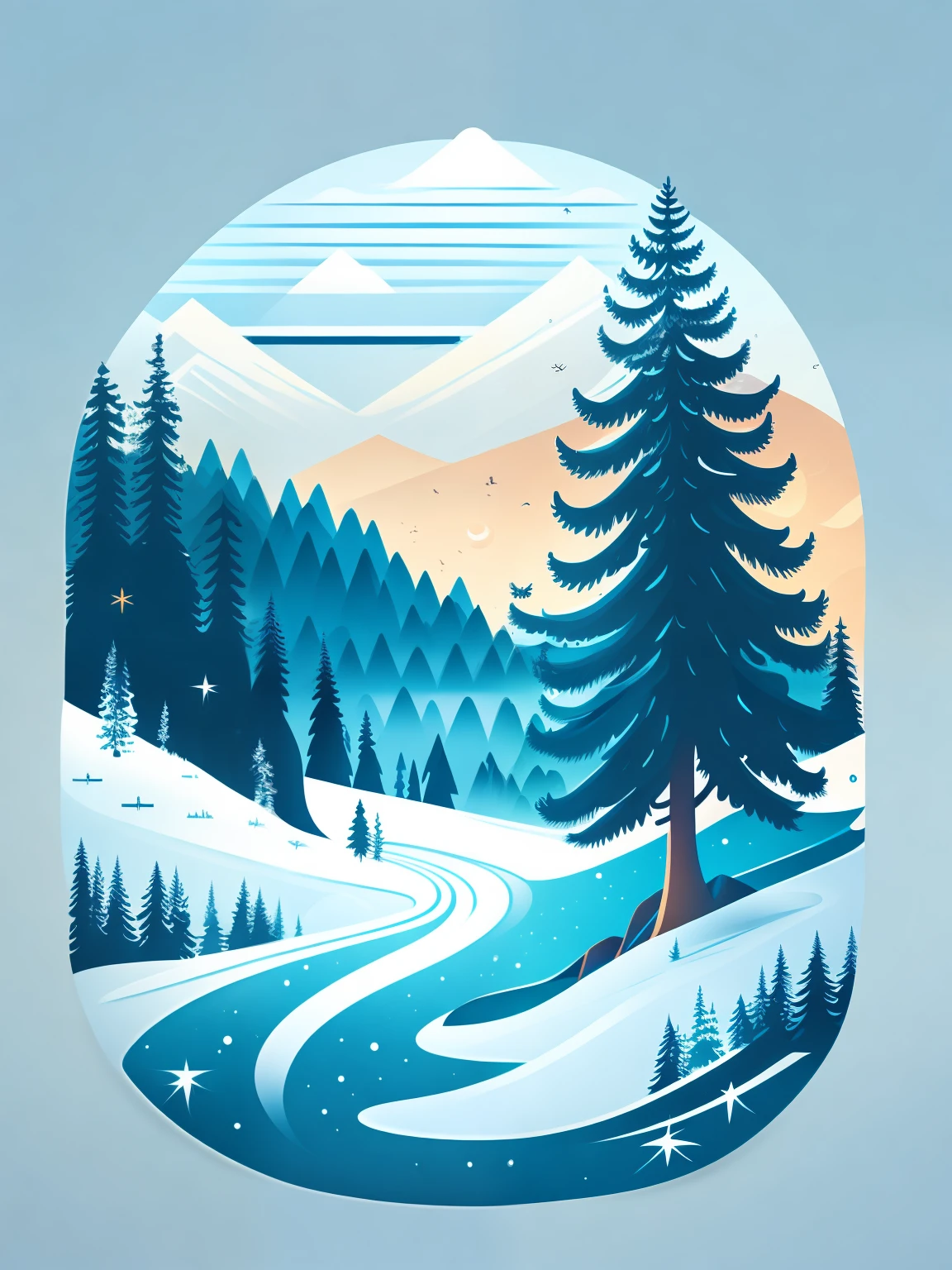 A spruce tree in a winter landscape, t-shirt design, rzminjourney, vector art