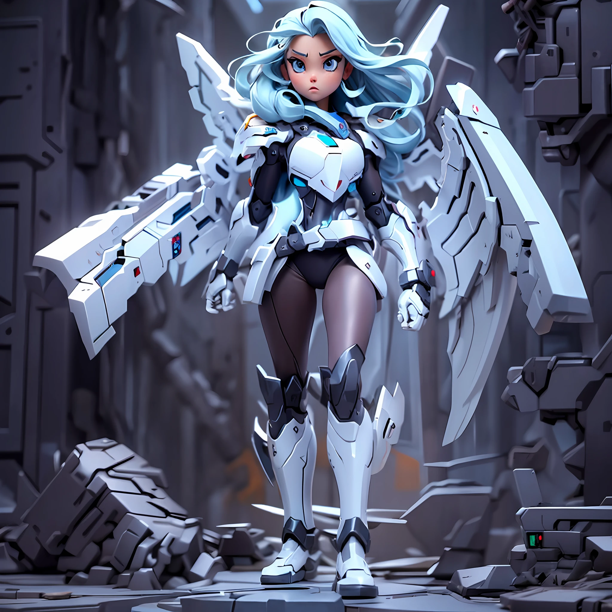 Standing alone、(Female angel whose whole body is a machine)、(machine wings)、cyberpunked、Cool Beauty、Face strong enemies、Engineers、(Veteran Hero)、Counter Attack、full body Esbian、Ready for Battle、AT field fully open、(evangerion)、(Golden hair)、(White armor)、Black background