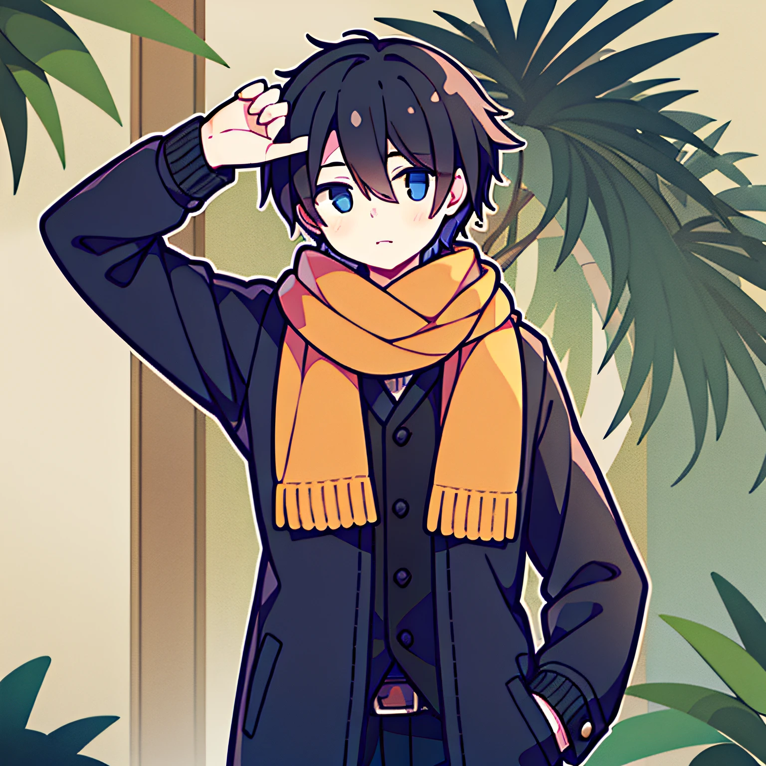 1boy，Black color hair，high high quality，Bring a scarf