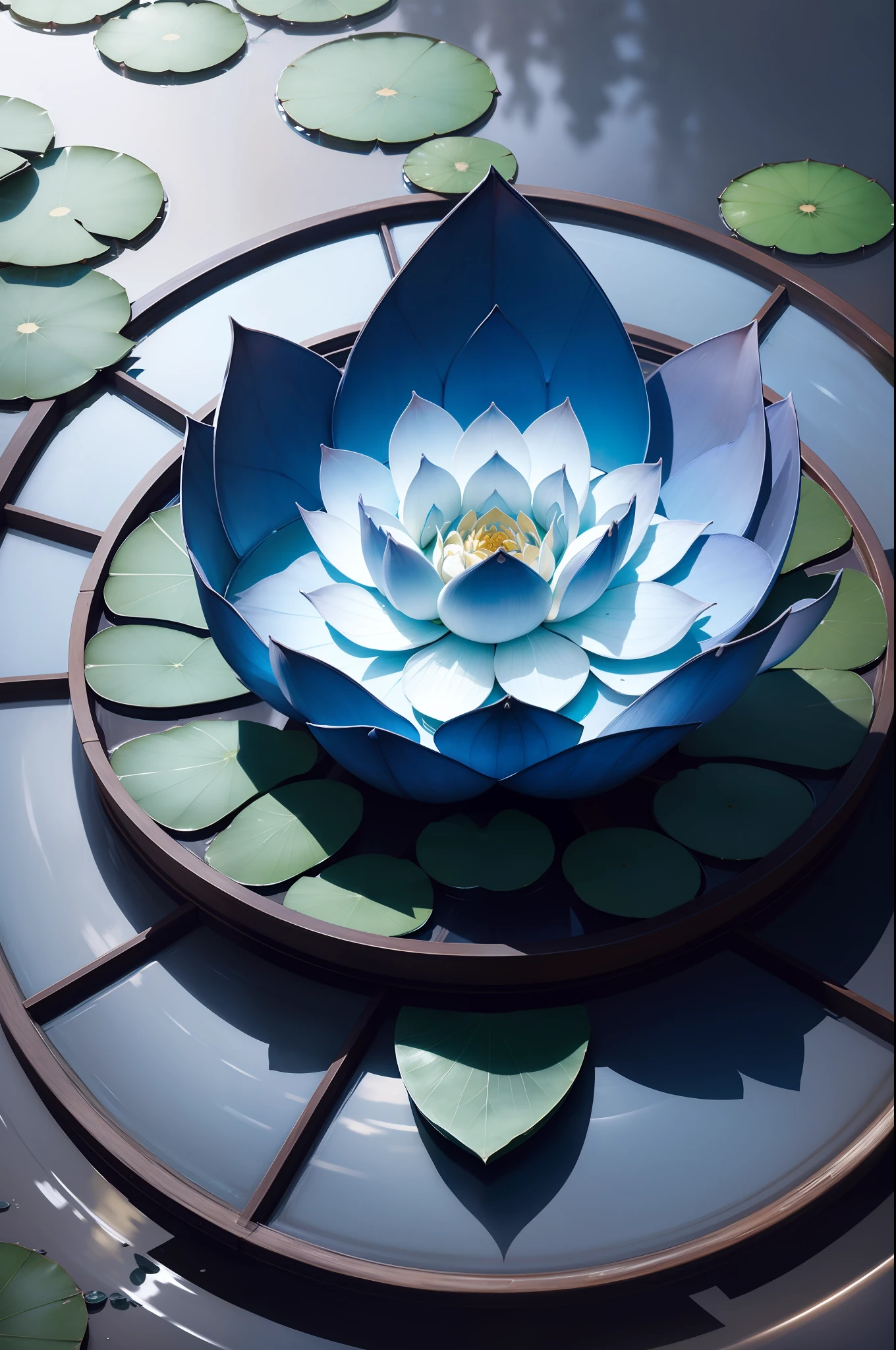 Blue lotus，Glass texture，semi transparent，There is a lotus pond，There are lotus leaves，there are waters，Sparkling