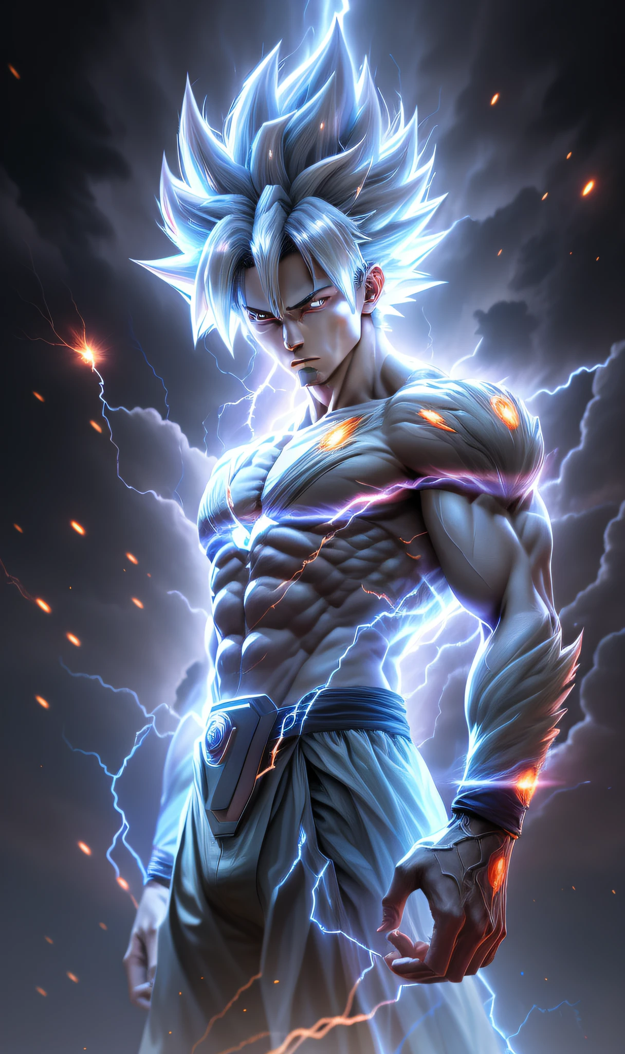 Anime characters who have a lightning effect on their bodies, ultra instinct, Highly detailed portrait of Goku, photorealistic human goku, Badass anime 8 K, portrait of goku, Goku portrait, Godrays digital painting, an epic anime of a energy man, Dragon Ball concept art, Super Saiyan Goku, 4k manga wallpapers, advanced digital anime art, 4K anime wallpaper