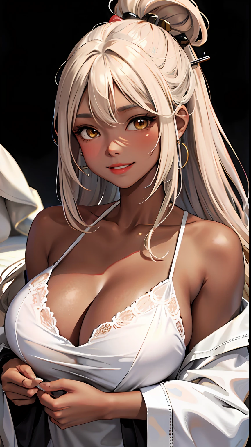 with brown skin(tmasterpiece,:1.2,best qualityer),(1lady,独奏,Upper body body:1.2),garments:Pajama accessories:Issuing ,naturey,Glowing skin,Brown skin behavior:Shyness blush,Smile location:Bedrooms,Brownish-yellow eyes,gigantic cleavage breasts,long white hair,with brown skin
