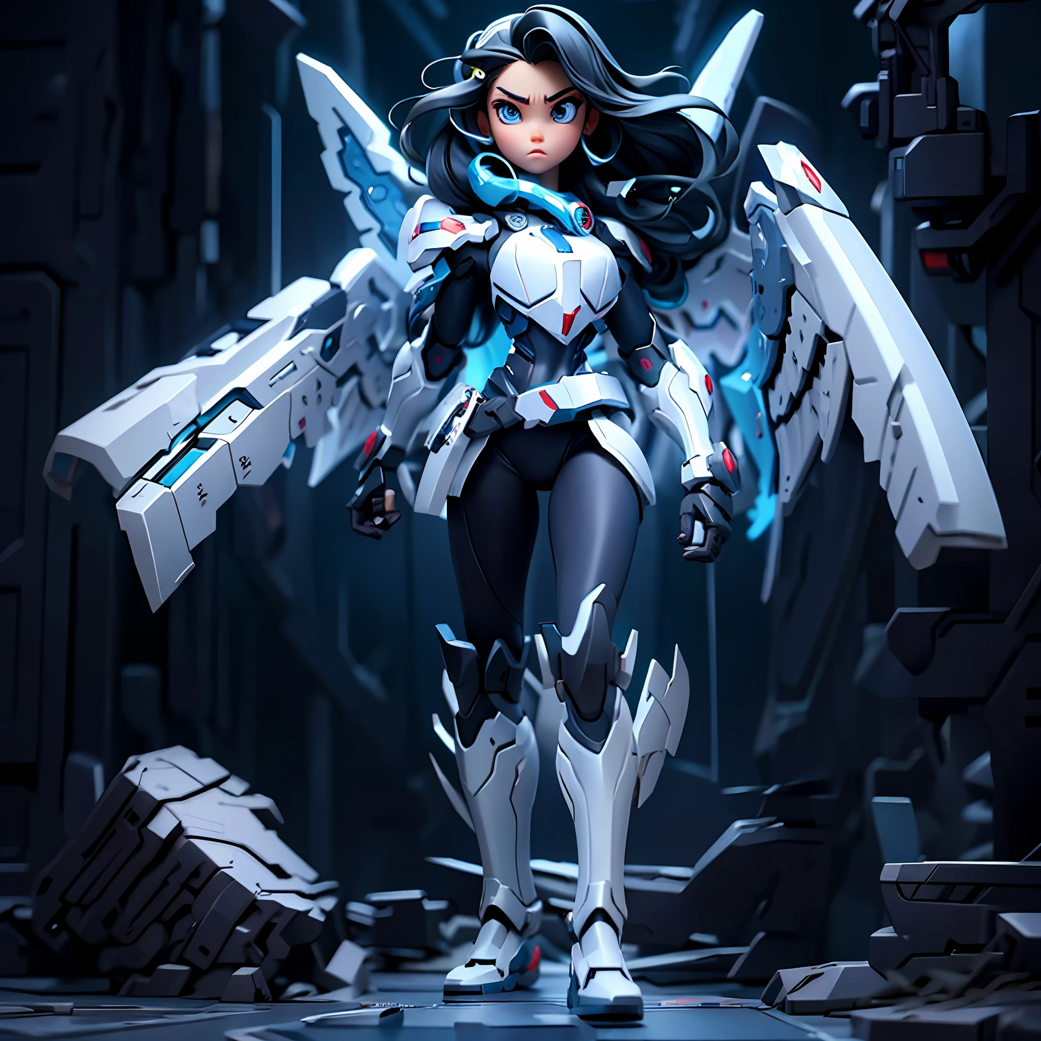 Standing alone、(Female angel whose whole body is a machine)、(machine wings)、cyberpunked、Cool Beauty、Face strong enemies、Engineers、(Veteran Hero)、Counter Attack、full body Esbian、Ready for Battle、AT field fully open、(evangerion)、(Golden hair)、(White armor)、Black background