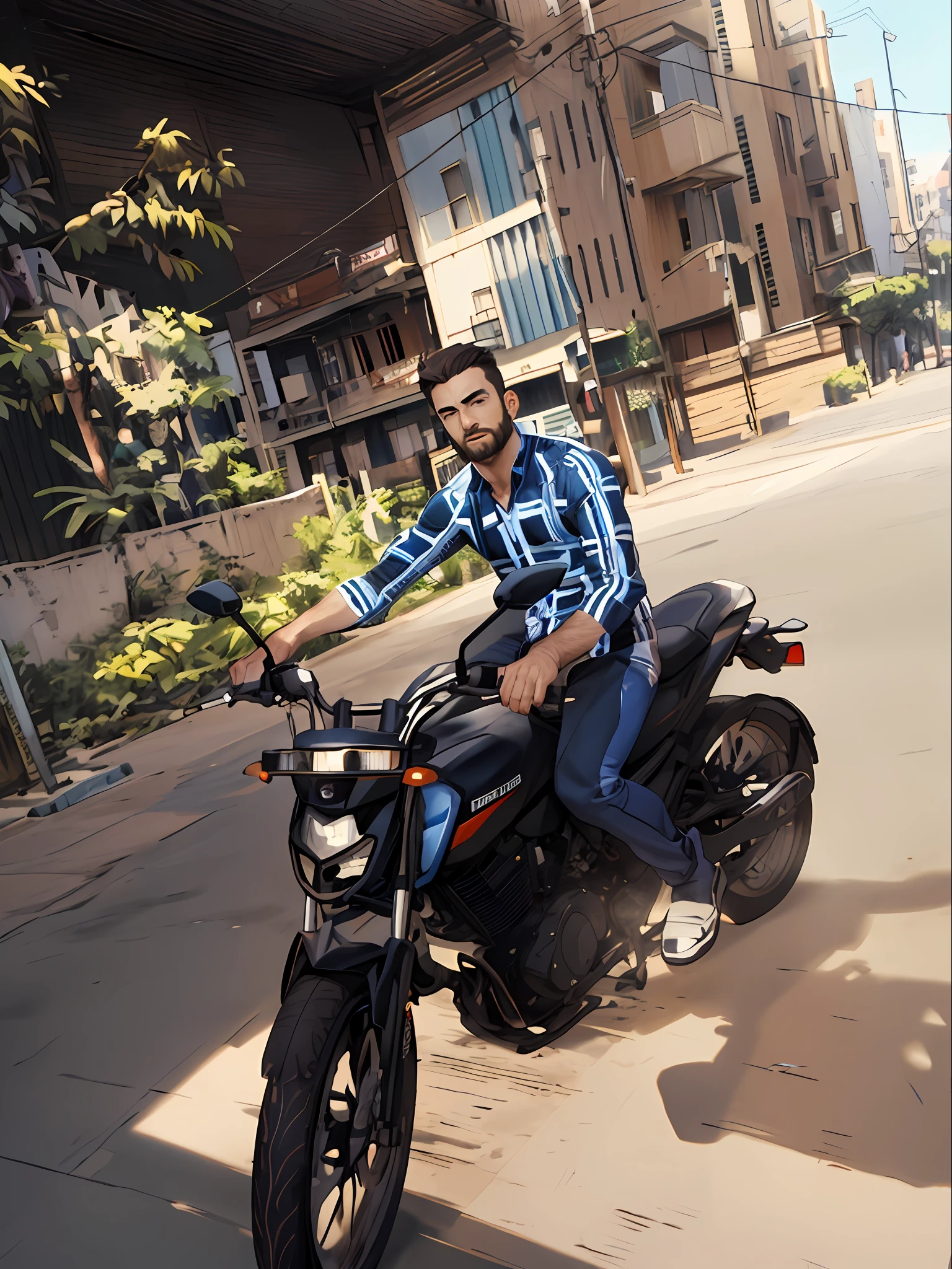 sitting on a bike. surrounded by building casting deep shadows on the suit. The young man looks confident and determined, with wonder and respect,facial hair, good looking hair and real face and good looking colthes