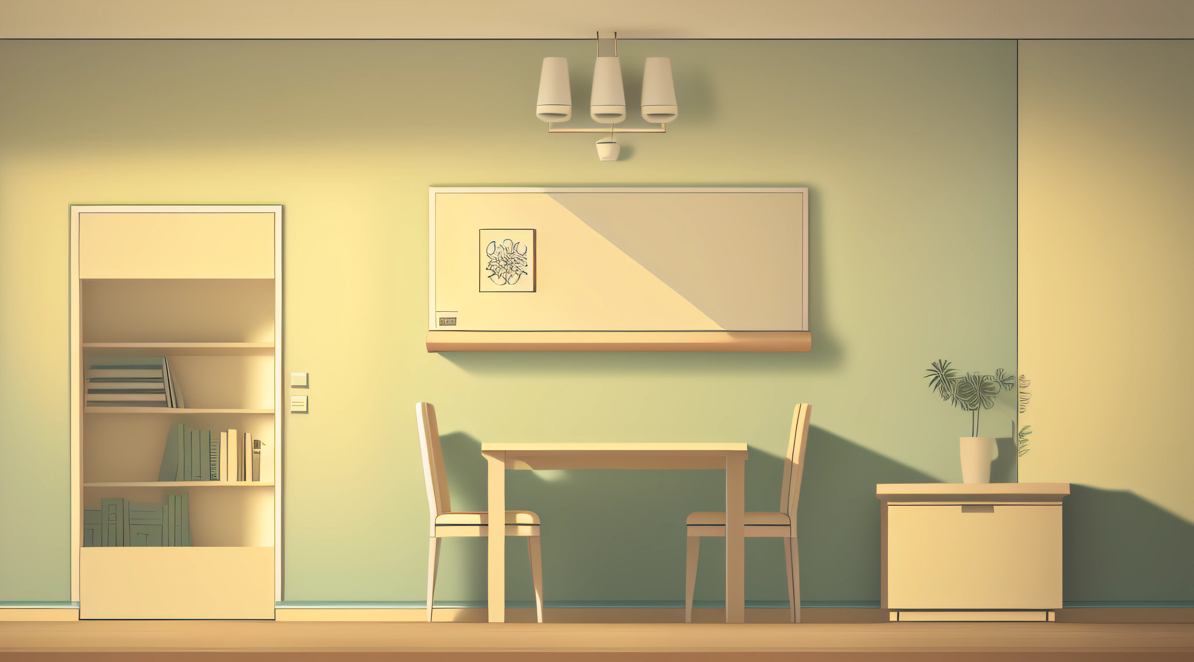 There is a drawing of a room with a table and chairs, room interior, flat 2 d design, dining room, cream - colored room, room interior, warm colored furniture, interior of a small room, Fundo sala de estar, Flat illustration, living room interior, interior background art, Flat color, in a japanese apartment, Minimalist cartoon style