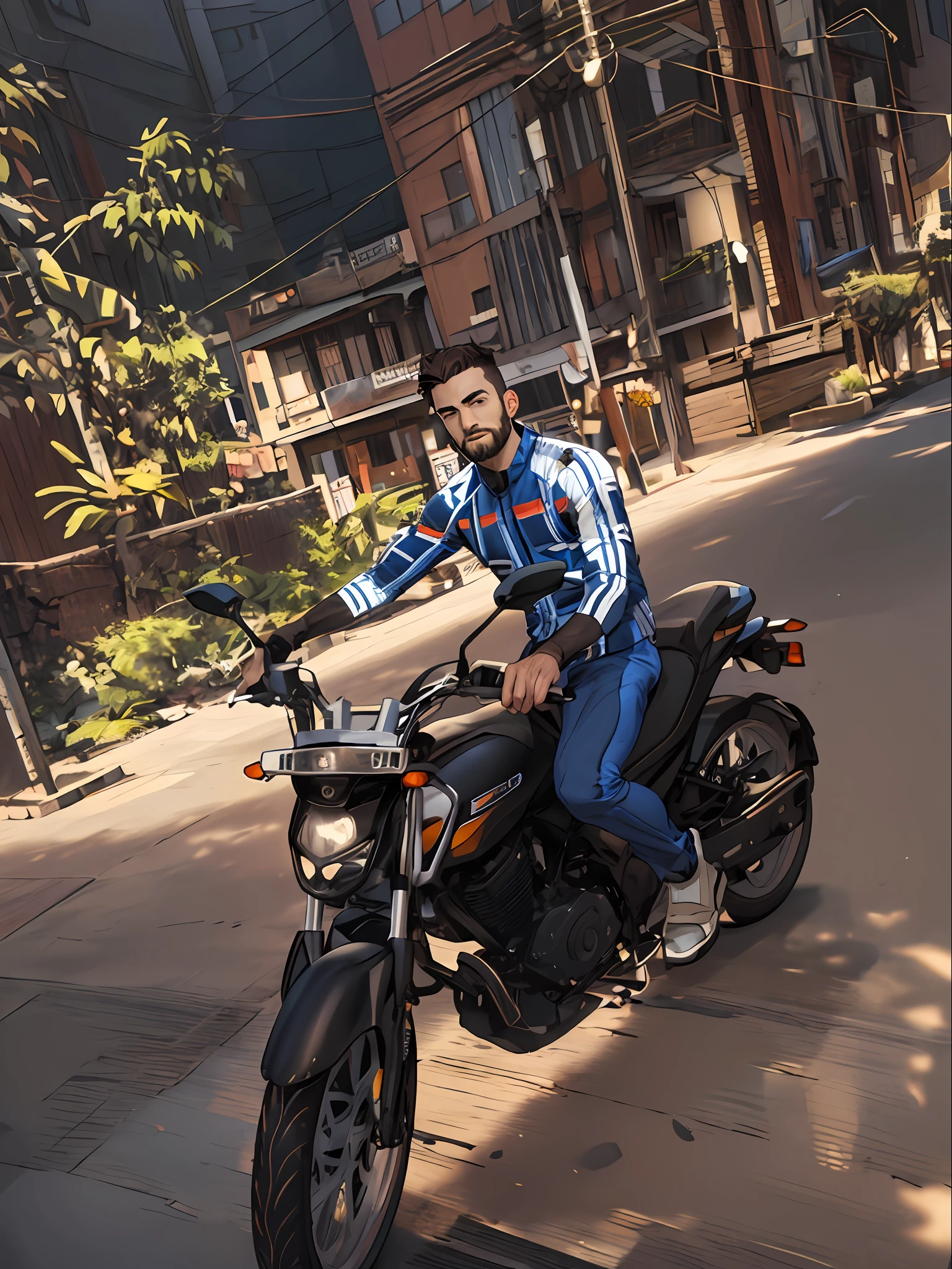 sitting on a  bike. surrounded by building  casting deep shadows on the suit. The young man looks confident and determined,  with wonder and respect,facial hair, good looking hair and real face and good looking colthes