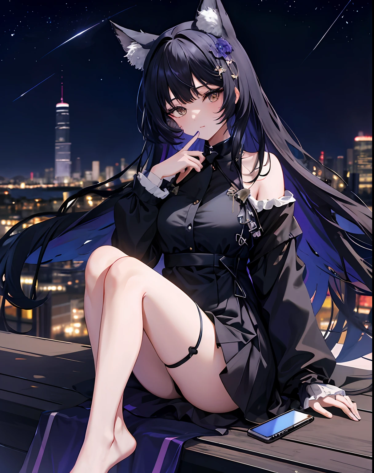 one-girl,Sit on the rooftop,Long black hair was scattered,cat ear,Purple eye,Wear oversized black pajamas,Barefoot and barefoot,Has slender legs。Surrounded by a view of the city in the dark,Overhead, a starry night sky。She pinched her hair with a hairpin。Images need to be Ultra HD,Anatomically correct,Render super detail,With the best quality results。