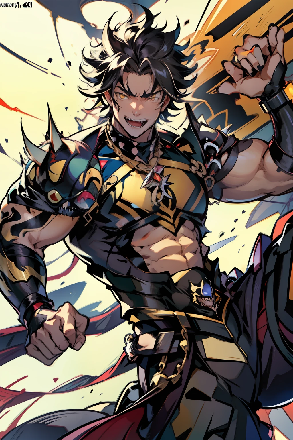 《the original god》Arataki Kazuto , male people,,((Masterpiece)), ((Best quality)), Ultra detailed,((illustration)), Dynamic Angle, Detailed light, (Delicate eyes), Floating, 1boy, Male focus, Head, Clothing, Yellow eyes, necklace, tattoo, (Forehead:0.8), (ahoge:0.8), jewelry, apathy,Ray, chest muscle, Sexy , Venom symbiote for your body, Black mucus of the body , (into venom), Venom,frontage,style of anime4 K, 4K anime wallpaper, Badass anime 8 K, 4 k comic wallpaper, young anime man, Anime boys, Anime wallpapers 4 k, Anime wallpaper 4K, High quality anime art style, Anime moe art style, Anime art wallpaper 8 K, Anime art wallpaper 4 K, RGB lighting
