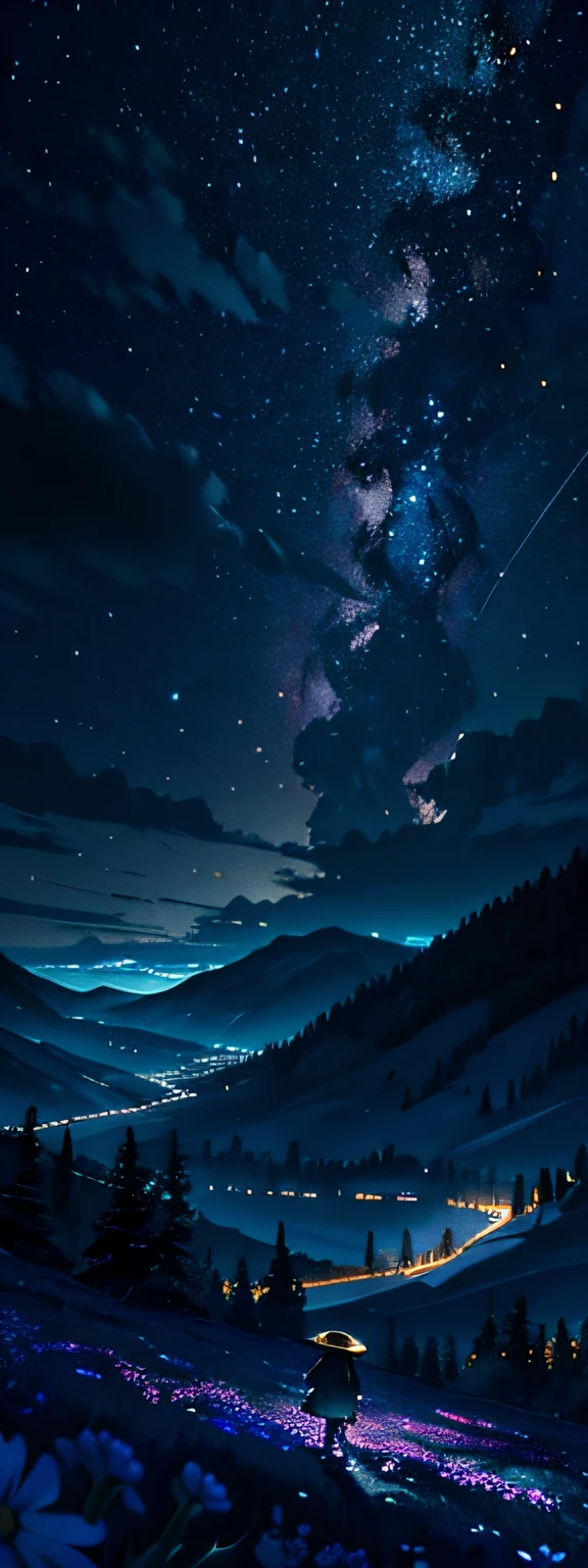 Expansive landscape photograph, (view from below with a view of the sky and the wilderness below), little girl standing in a flower field looking up, (full moon: 1.2), (shooting star: 0.9), (nebula: 1.3), distant mountain, tree break production art, (warm light source: 1.2), (firefly: 1.2), lamp, purple and orange, intricate detail, volume lighting BREAK (masterpiece: 1.2), (highest quality ), 4k, ultra-detailed, (dynamic configuration: 1.4), highly detailed and colorful details (iridescent: 1.2), (sparkling lighting, atmospheric lighting), dreamy, magical, (solo: 1.2)