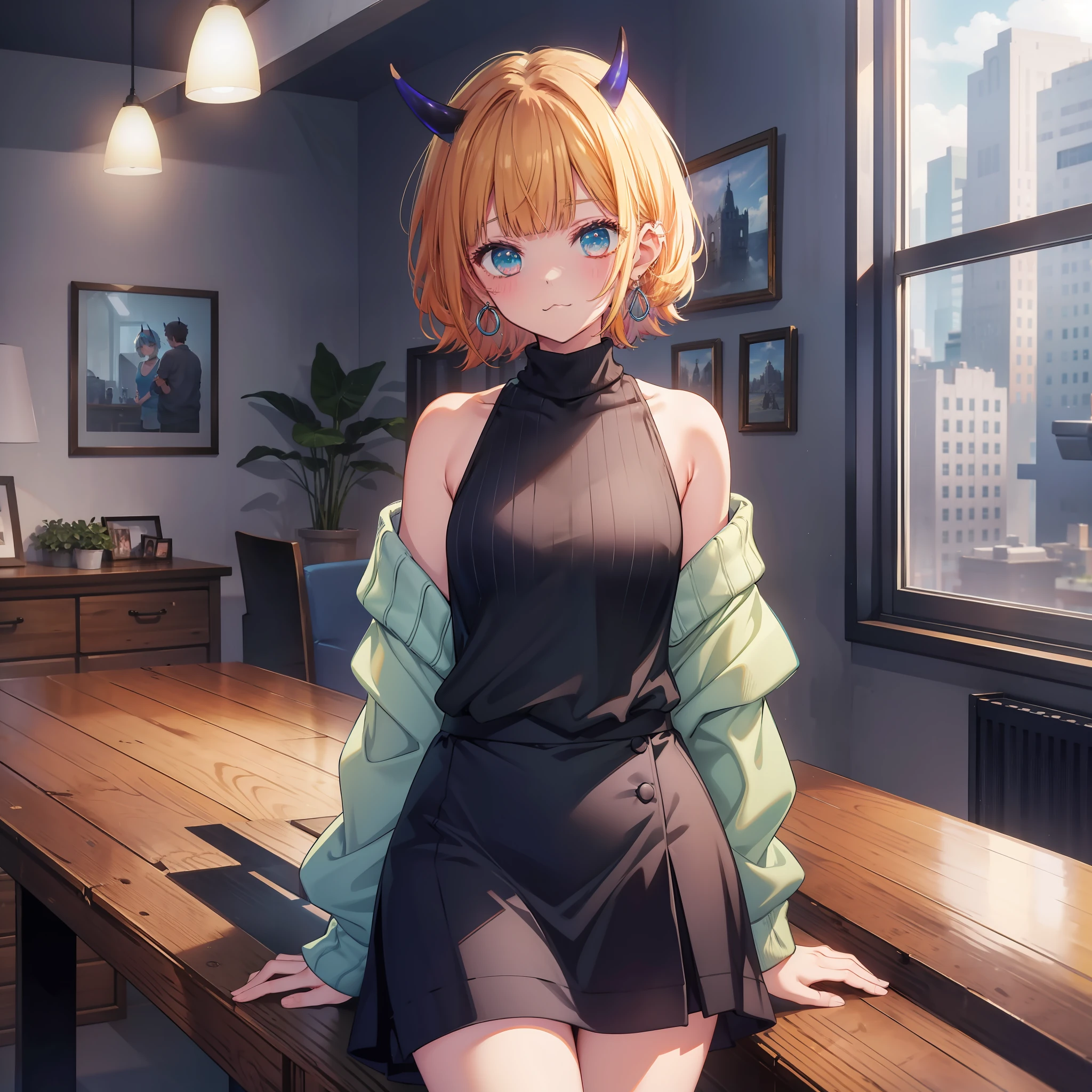 masterpiece, hightquality, Hi-Res, memcho, Indoors, cowboy shot, Black skirt, The shirt, off shoulders, off-the-shoulder sweater, (Light blue sweater:1.2), (small horn), (:3:1.2), sleeveless shirts, High Neck Sleeveless Shirt, Black shirt, Sweaters, Sweater sleeve wrist too much, sitted, hoop earings,is standing,Cowboy Shot,