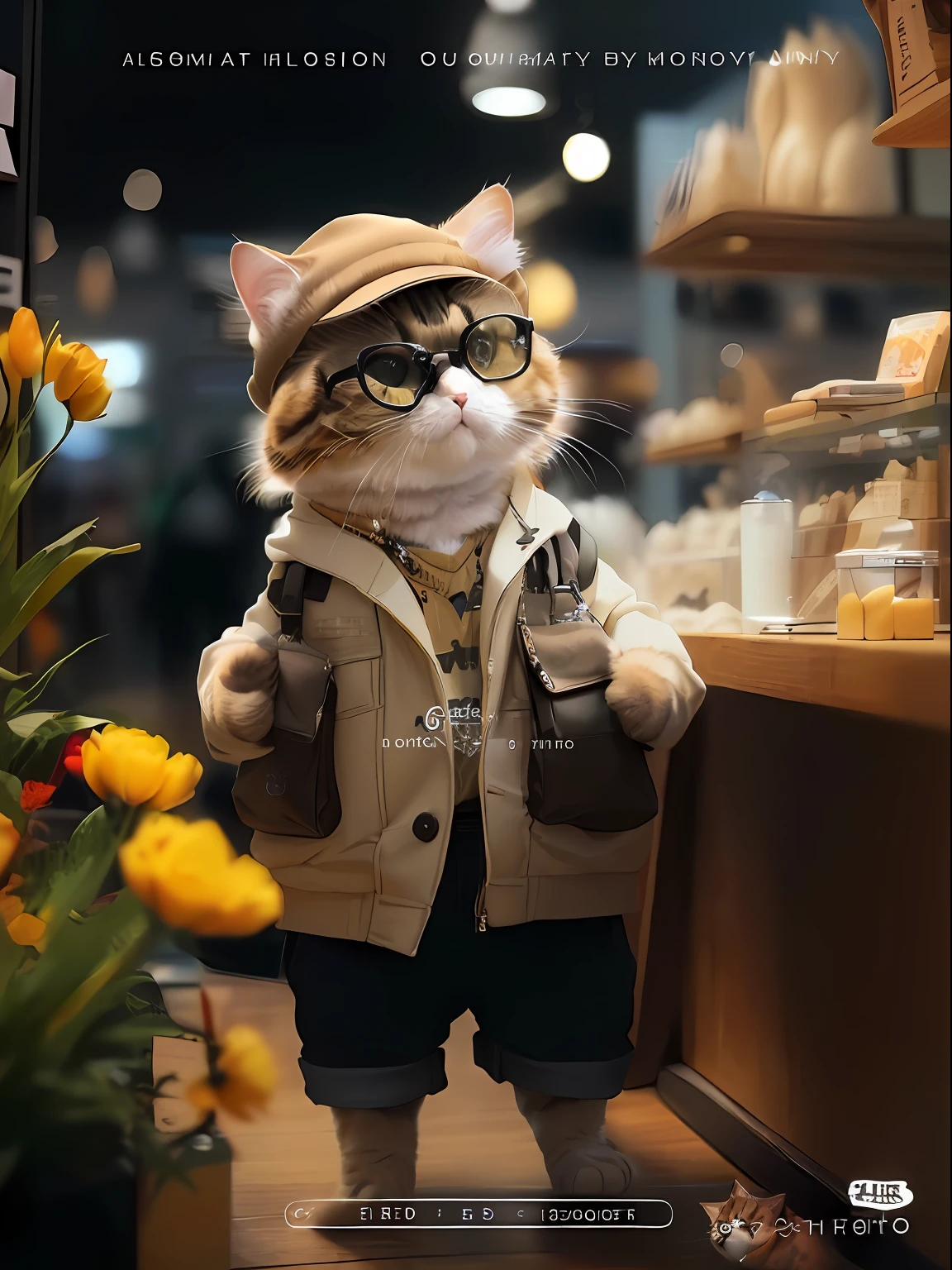 There is a cat wearing a hat and glasses standing in the store, casually dressed, Cute cat, looking heckin cool and stylish, fursona wearing stylish clothes, cute cat photo, Cute:2, an anthro cat, Very stylish, exotic shorthair cat, dressed casually, A cute cat, wearing a fisher 🧥, highly fashionable, cat photography