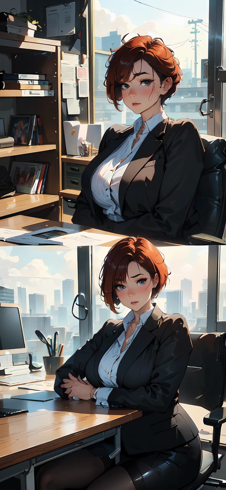 ("portrait of a office lady sitting on the desk in a strict suit") office workers, business woman, OL, pantyhose, garter belt. (face: double eyelids, chubby cheek, thick lips, blushing), (expression: disgusted="half closed eyes"), "(hair: redhead pixie cut hair)", (seductive curvy body), (pose: raising both arms and straddle legs) (masterpiece:1.2, best quality, digital art, hyperrealistic details, detailed digital art, realistic texture, detailed CG, extremely high detail, digital illustration, mezmerizing views)