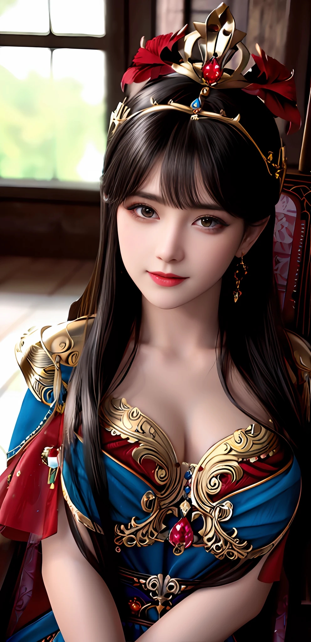 (realisticity: 1.2), best quality, 8K UHD, masterpiece, highres,cg,
1 super detailed girl, super detailed queen
, sitting on a super detailed royal throne, lud, xurious royal palace background, beautiful and detailed, super detailed long hair, wearing a beautiful and luxurious crown with diamonds and super detailed,
super detailed dress,
solo, jewelry, super detailed red and blue dress, pretty face, beautiful, and super detailed,
, earrings, super detailed hairdo, splashing, the upper body is very super detailed, super detailed hair bun, super detailed black hair,
lighting,candid,Photograph,high resolution,4k,8k,Bokeh,