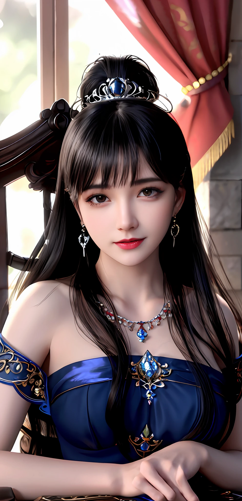 (realisticity: 1.2), best quality, 8K UHD, masterpiece, highres,cg,
1 super detailed girl, super detailed queen
, sitting on a super detailed royal throne, lud, xurious royal palace background, beautiful and detailed, super detailed long hair, wearing a beautiful and luxurious crown with diamonds and super detailed,
super detailed dress,
solo, jewelry, super detailed red and blue dress, pretty face, beautiful, and super detailed,
, earrings, super detailed hairdo, splashing, the upper body is very super detailed, super detailed hair bun, super detailed black hair,
lighting,candid,Photograph,high resolution,4k,8k,Bokeh,