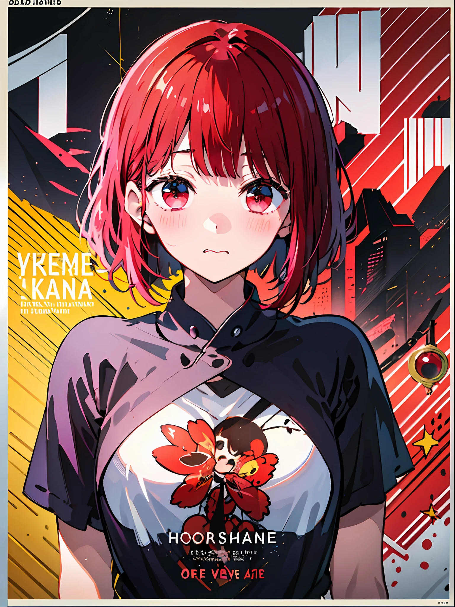 (masterpiece、top-quality、hight resolution)、 Kana Arima \(Oshinoko\), full of shyness、red hairs、Bob Hair、Star-like eyes、red blush、Wavy mouth、(((Dramatic)))、(((gritty)))、(((vehement))))The poster of the film appears as a central character。She is shy in the center of the poster、Wearing an idol costume、Has a determined look。The background is dark and rough、I feel like I'm drunk。Text is bold and eye-catching、Catchy slogans add to the overall drama and excitement。The color palette is dominated by dark colors.、Bright colors dotted、Make your poster dynamic and visually impactful、Tachi- e(magazine:1.3)、(cover-style:1.3)、Fashionable、with a vibrant、outfits、the pose、the front、colourfull、Dynamic、Background with、element、self-assured、Expressively、ngel、statement、attachment、An majestic、coiled、surroundings、Touch、The scene、Texto、covers、boldface、grab attention、Titles、lo fashion、Font、Catchy、Titles、Large、grab attention、moderno、 Trendy、concentrating、Stylish、1 girl in、Bold chest