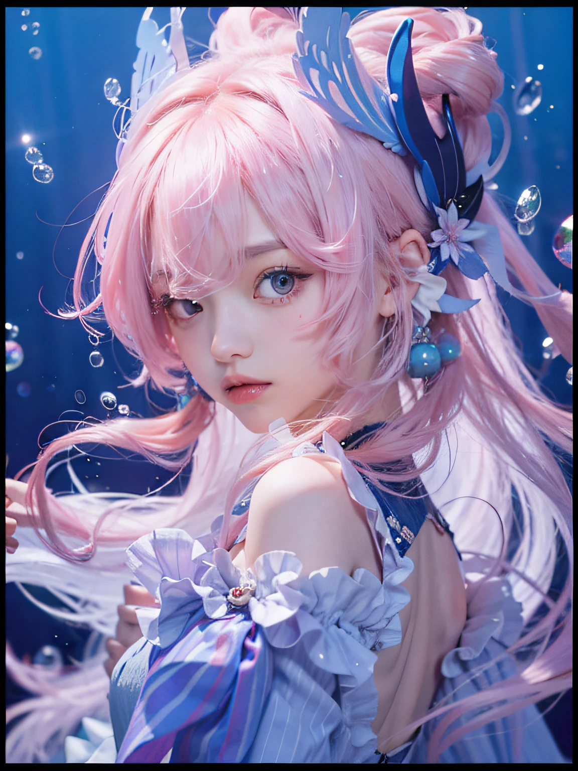 Genshin Shinkai,A pink-haired,adolable,largeeyes,Buble,Blue coral hair accessories