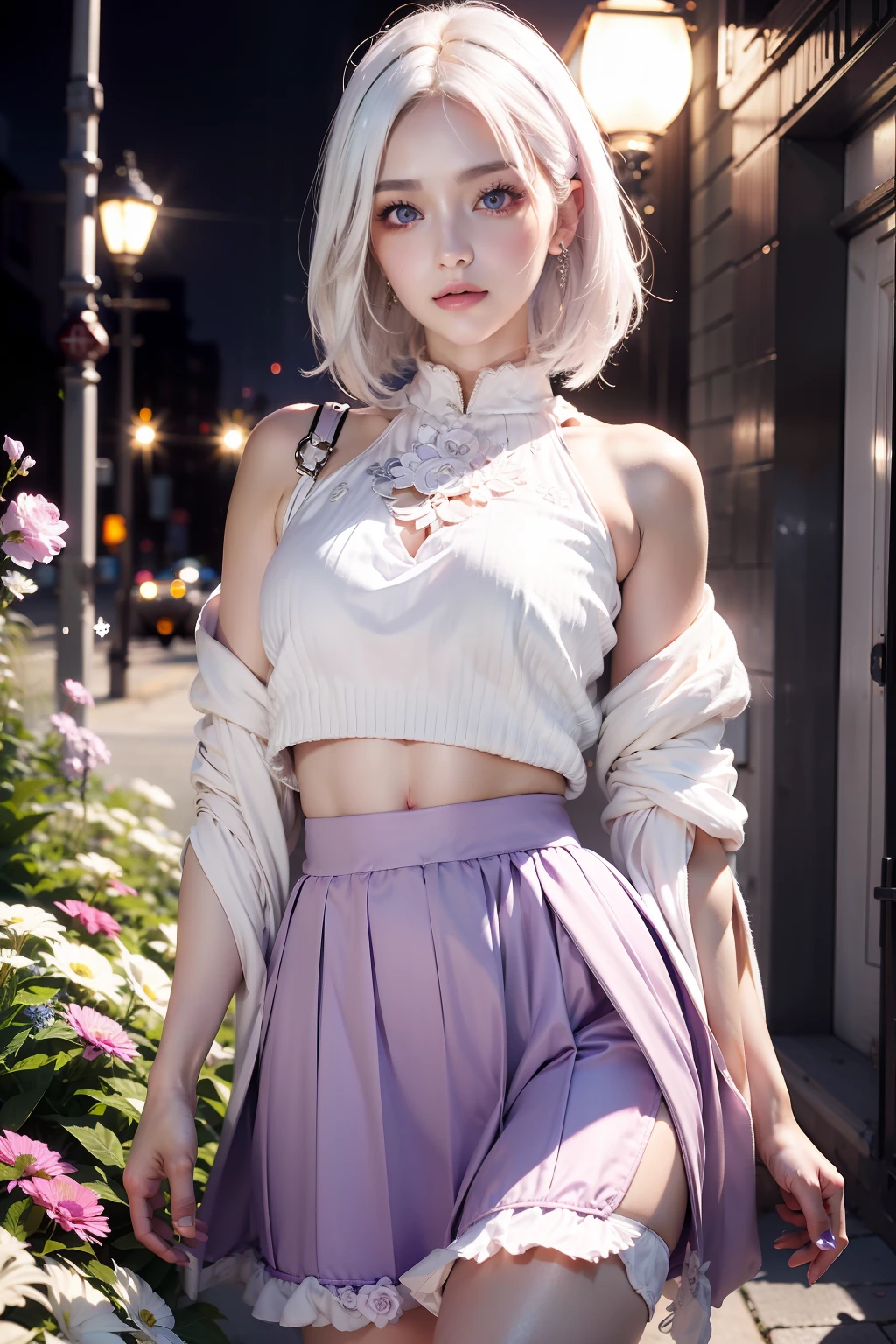 Realistic, 1girl, white hair, purple eyes, glowing eyes, cropped top, skirt, parted lips, blush, night, flowers, sun, sunlight