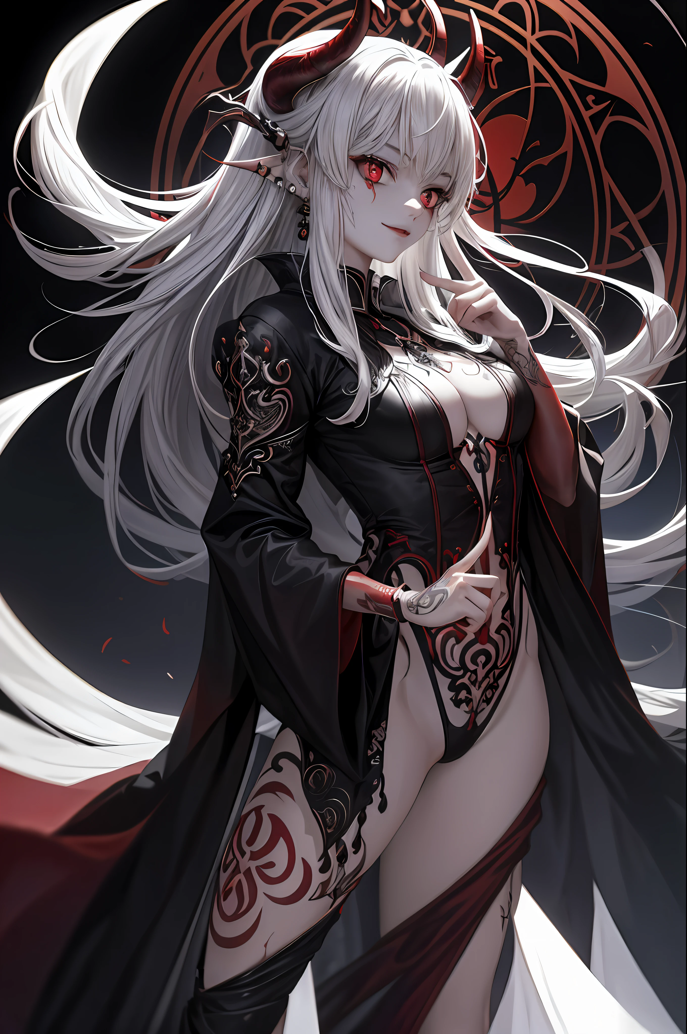 (ashenhard style:1.4), masterpiece, top-quality, hightquality,(Has a dark red glow and red eyes、Dark shapeless creatures surrounded by darkness:1.2), (In profile), (Dark:1.2), abstraction, abyssal, awardwinning photo, depth of fields, nffsw, ighly detailed, trending on artstationh, Trending in CGSighbour, Convoluted, high detailing,(masterpiece:1.2、top-quality)、(The best lighting、extremely delicate and beautiful)、(The best lighting、extremely delicate and beautiful)、(beautifull detailed face)、(Detailed eyes and detailed face:1.2)、((4 finger,Thumb、Detailed hands and fingers,High-resolution hands and fingers:1.2)),Random Hairstyles 1.5,Dark Fantasy, (younggirl, Little beast, 1girl in, 独奏, Crazy smile, pale skin,Pointed ears,19 piercings,((Tattoos all over the body,Tribal tattoos all over the legs)) white hair, eyes glowing red, Dynamic Angle, Vampires), (Chains in the background,Get a magic circle,Get demons to be summoned), (Devil from Magic Circle)Magic Thunder, tusk,Demon Horns,Blood on the face,Blood Rain,Blood fog,(depth of fields),highcontrast,(blood splashing:1.4),cowboy shot,full body Esbian,negligee,Birth,Magnificent stage