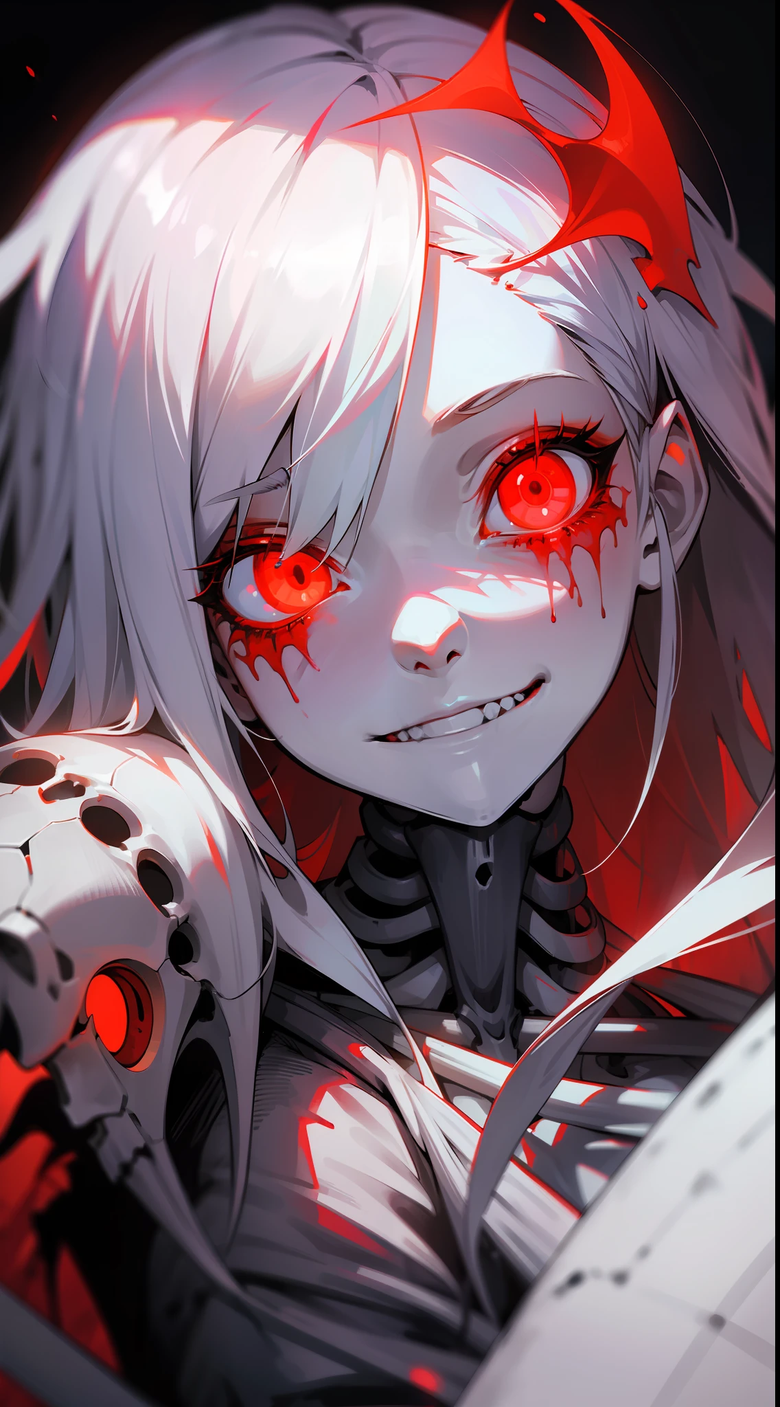Beautiful girl with white hair and red pupils,There is a wound on the face,Bleeding,evilsmile,skelleton,white bones,Gloomy environment,high light,fluorescence