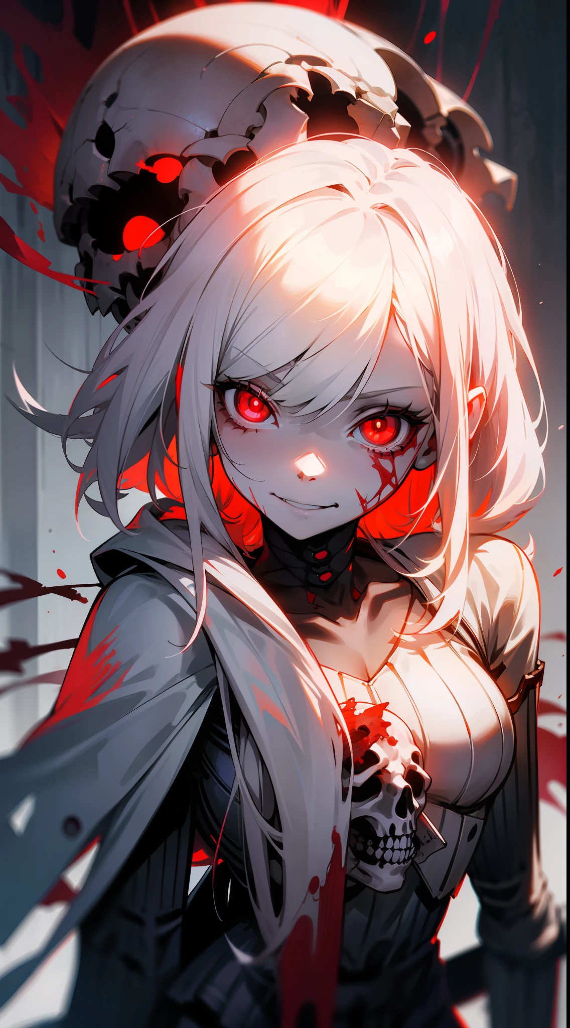 Beautiful girl with white hair and red pupils,There is a wound on the face,Bleeding,evilsmile,skelleton,white bones,Gloomy environment,high light,fluorescence