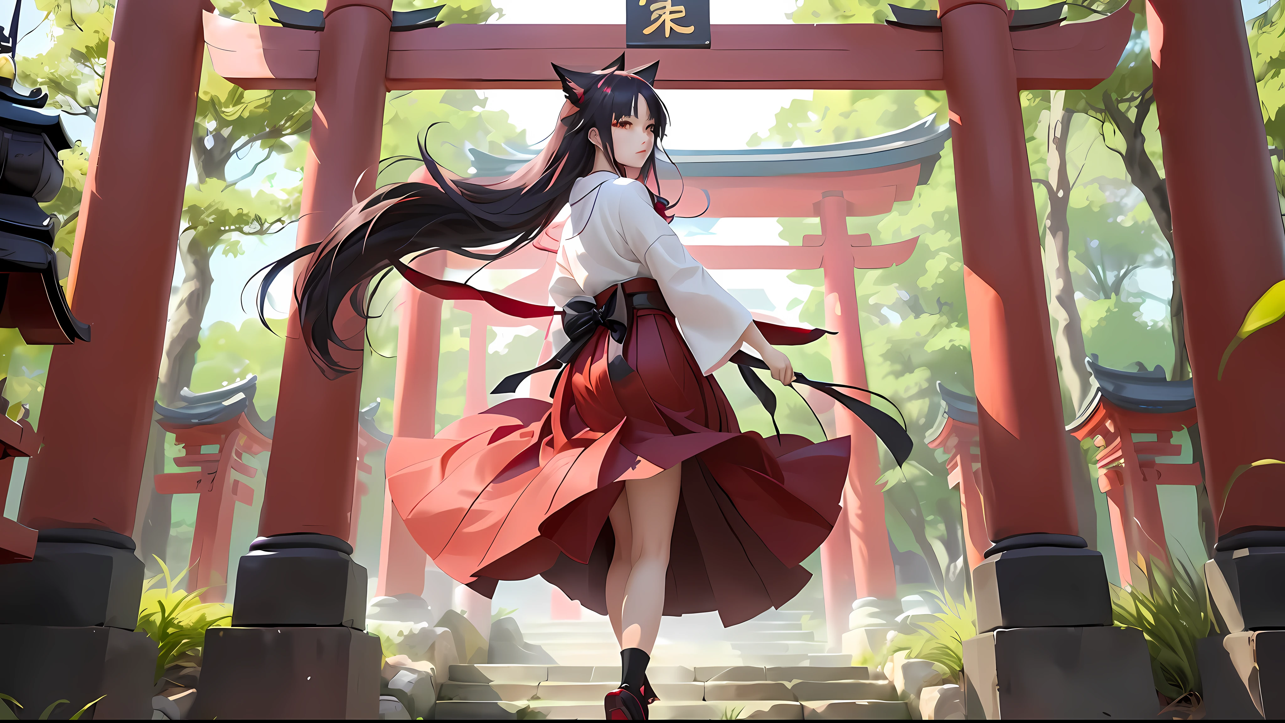 Anime girl in red dress and white shirt standing in front of the red gate, fox nobushi, Beautiful anime style, Style anime, Anime girl cosplay, Anime girl with long hair, style of anime, style of anime4 K, Japanese anime style, flowing hair and long robes, inspired by Nōami, dressed with long fluent clothes, Kitsune