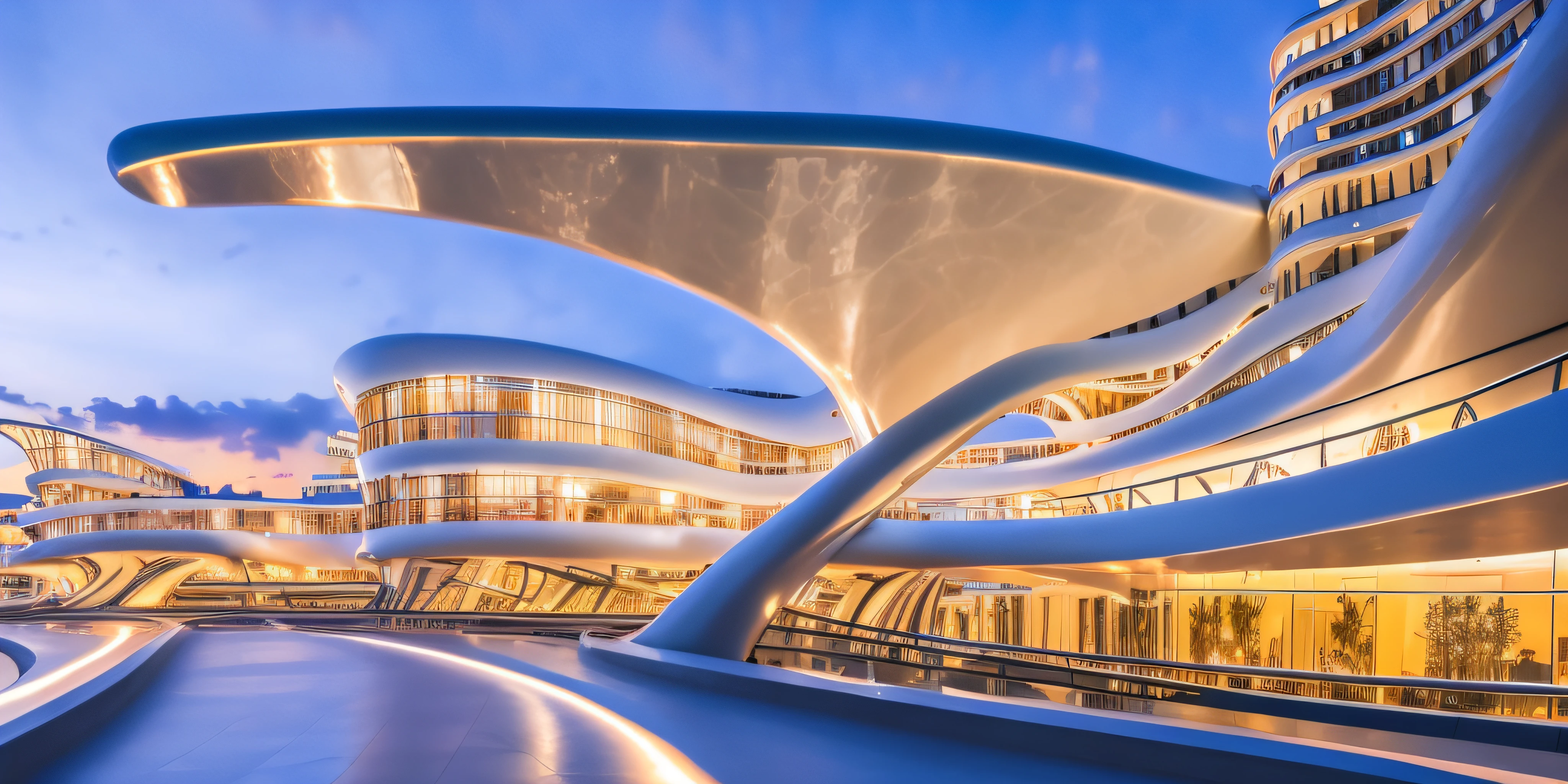 best quality, masterpiece, people, clear sky, sunset or dawn,city center, rain, zaha hadid, curve, flow