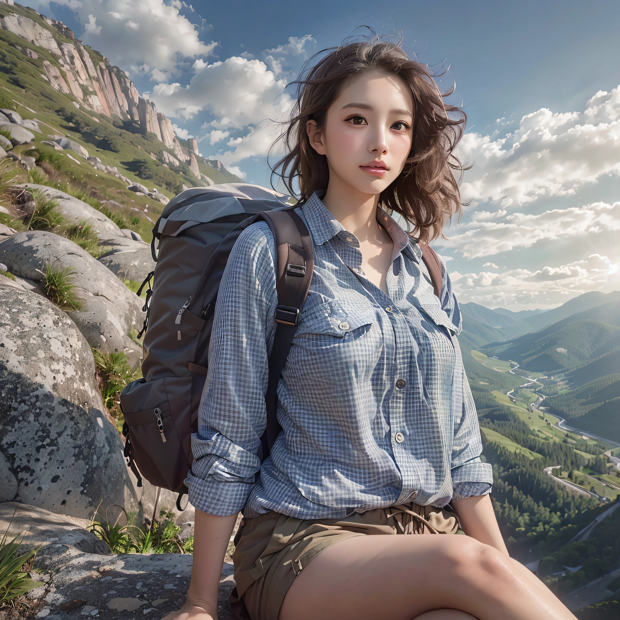(Ultra-detailed background, Magnificent mountain views, blue open sky, white clouds):1.3, Shooting with an ultra-wide-angle lens, The upper part of the body, (the morning sun), (medium hair, dark brown hair), (top-quality, Photorealsitic:1.4, masterpiece:1.3, RAW Photography:1.2, cinematric light, very detailed illustration), (1woman:1.3, solo), (Gingham check shirt with buttons, Keep the hem of the shirt out, Trekking shorts), (Carrying a backpack), (Walking along a mountain trail), (ultra delicate face, ultra Beautiful fece, ultra delicate eyes, ultra detailed nose, ultra detailed mouth, ultra detailed facial features), (medium breast:1.3)