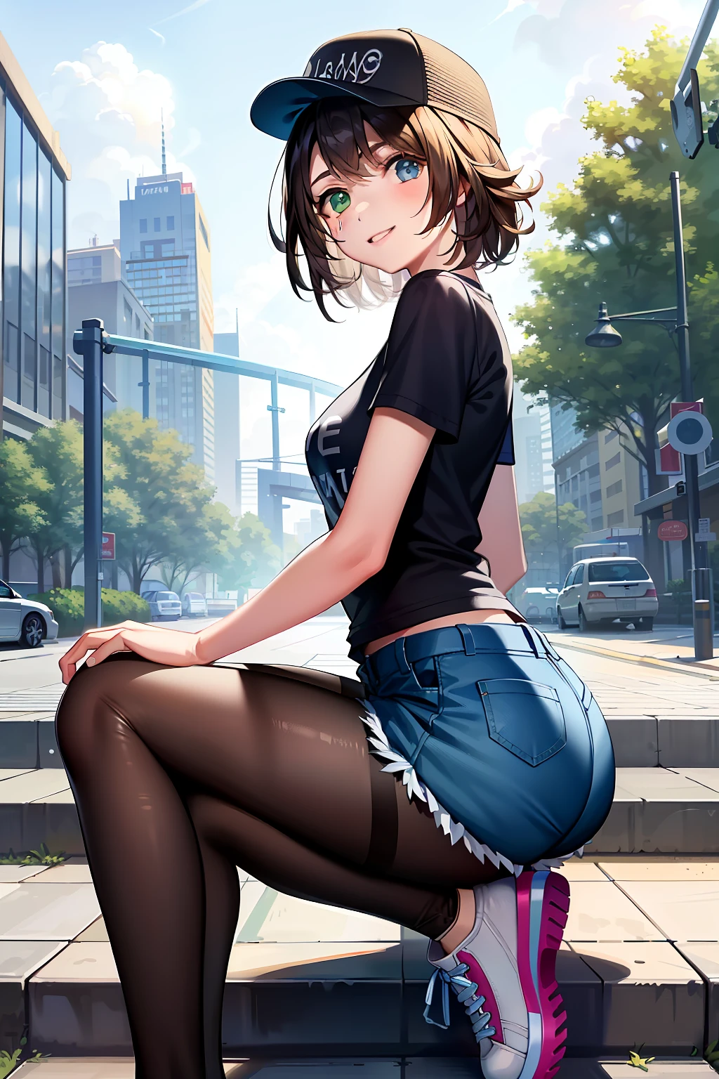 masterpiece, best quality, absurdres, perfect anatomy, 1girl, solo, YunaFFX, heterochromia, short hair, baseball cap, graphic tee, denim shorts, pantyhose under shorts, sitting, stairs, sneakers, from side, smile, city scene