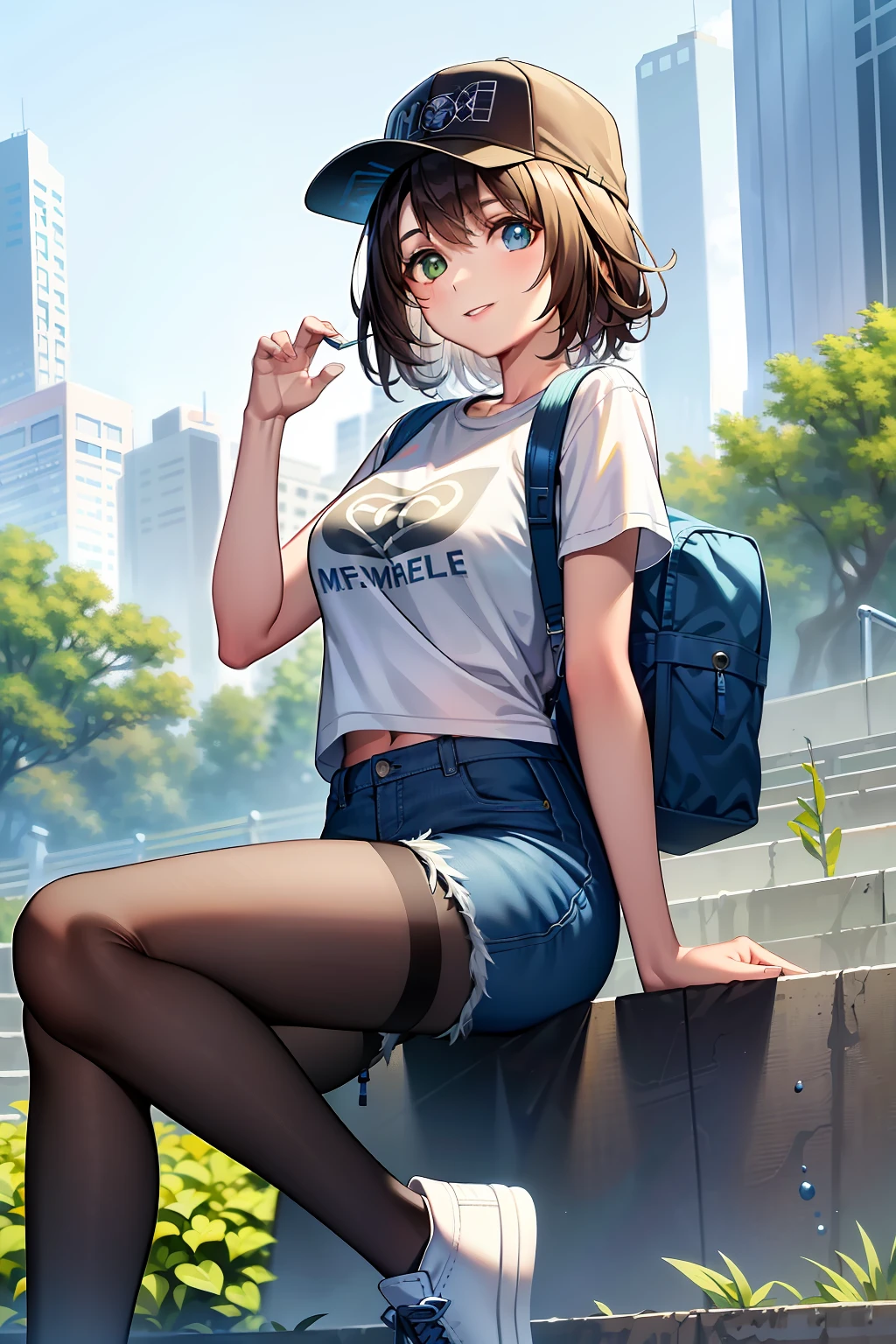 masterpiece, best quality, absurdres, perfect anatomy, 1girl, solo, YunaFFX, heterochromia, short hair, baseball cap, graphic tee, denim shorts, pantyhose under shorts, sitting, stairs, sneakers, from side, smile, city scene