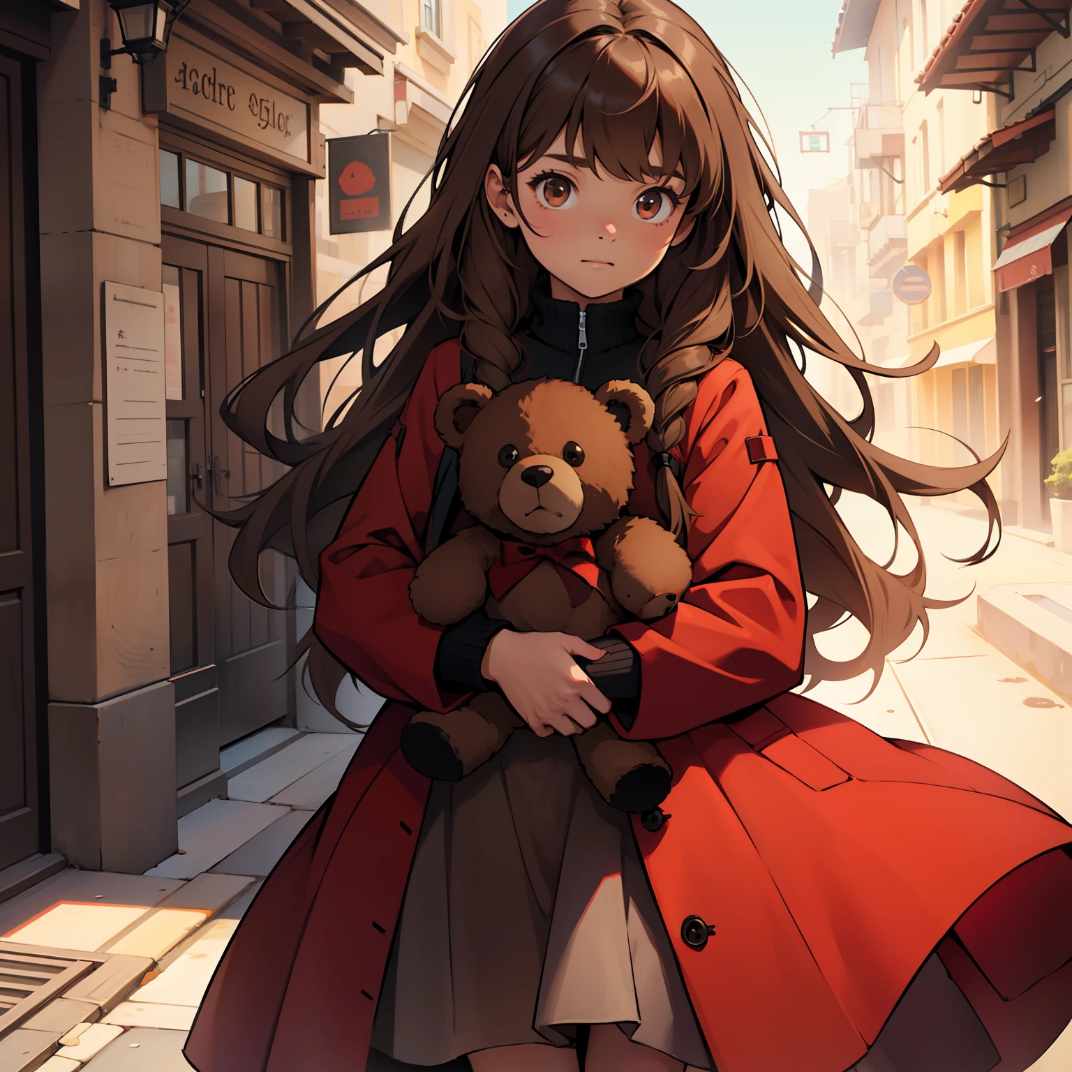 A , with long brown hair, wearing a red dress, with a black coat, who is holding a brown teddy bear