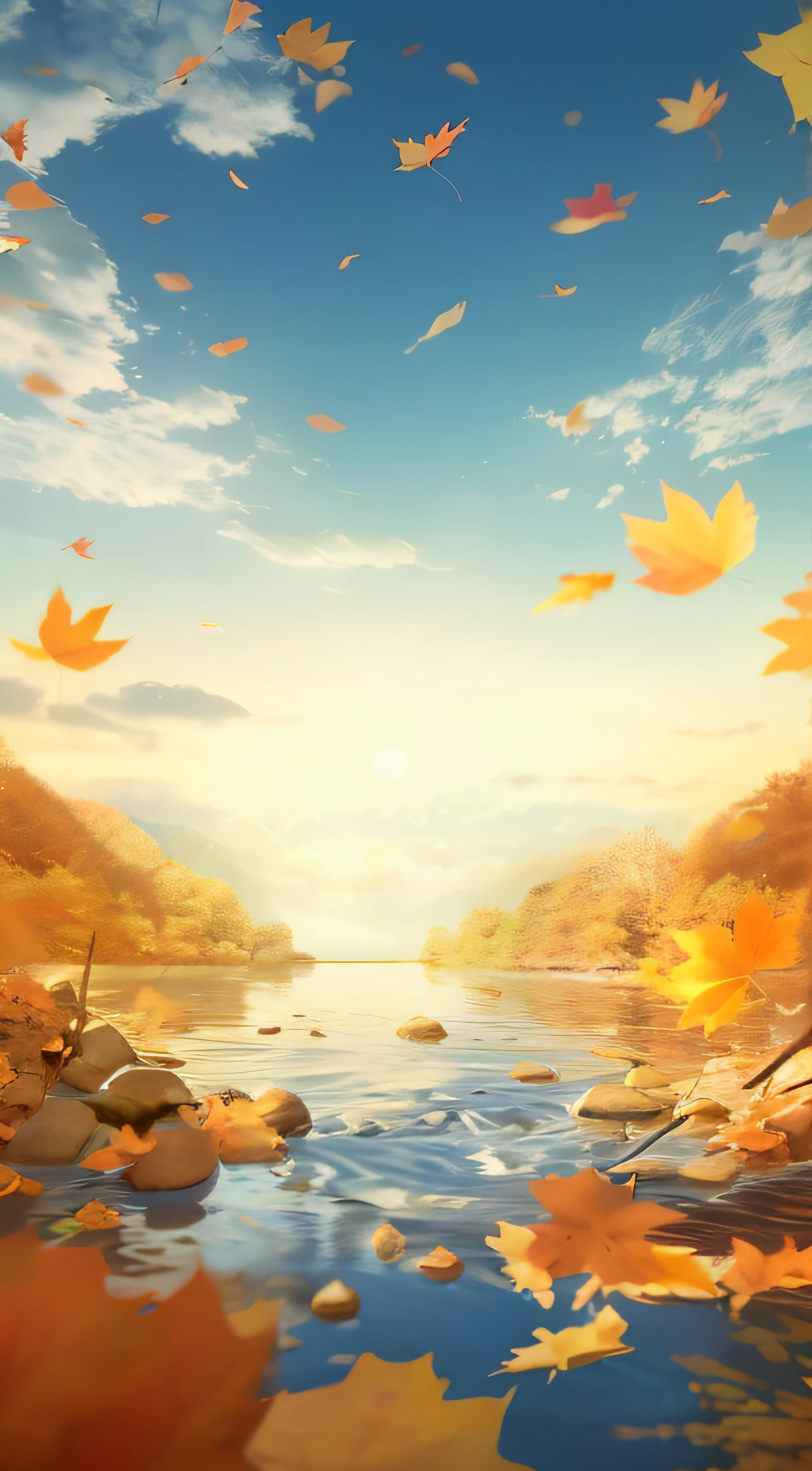 Autumn leaves fly over the river in sky background, soft autumn sunlight, Autumn background, dramatic autumn landscape, sunset with falling leaves, hyperrealistic fall, magical leafs falling, background artwork, Autumn leaves fall, autumn leaves background, beautiful high resolution, arte de fundo, autumn sunlights, autumn tranquility, beautiful landscape rendering, golden autumn, Beautiful Dreamy Landscape, autumn light