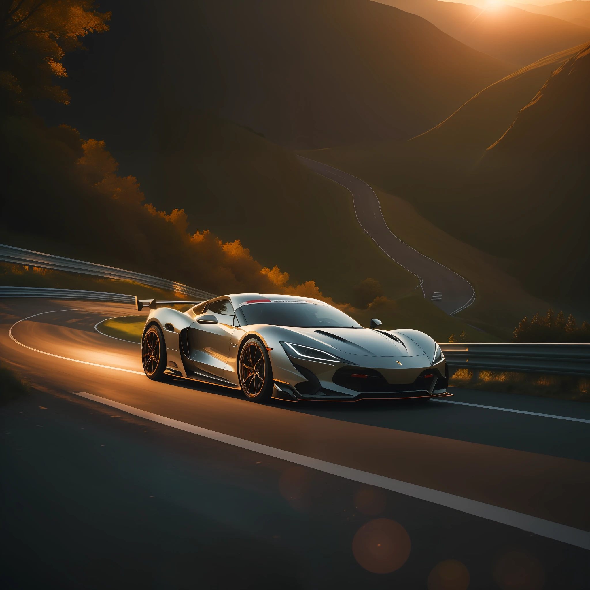 A stunning image of a luxurious sports car racing down a mountain road, showcasing the cutting-edge technology and sophistication of its design. The car's high-performance, aerodynamic design and aerodynamics are captured beautifully, with the sunlightprovided by the setting sun illuminating the vehicle and creating a serene atmosphere. In the foreground, the sunset casts a dreamy, ethereal glow on the mountain road, creating a sense of serenity and serenity in the ethereal, dreamlike world of a high-performance sports car. wide-angle lens, soft lighting, high contrast
