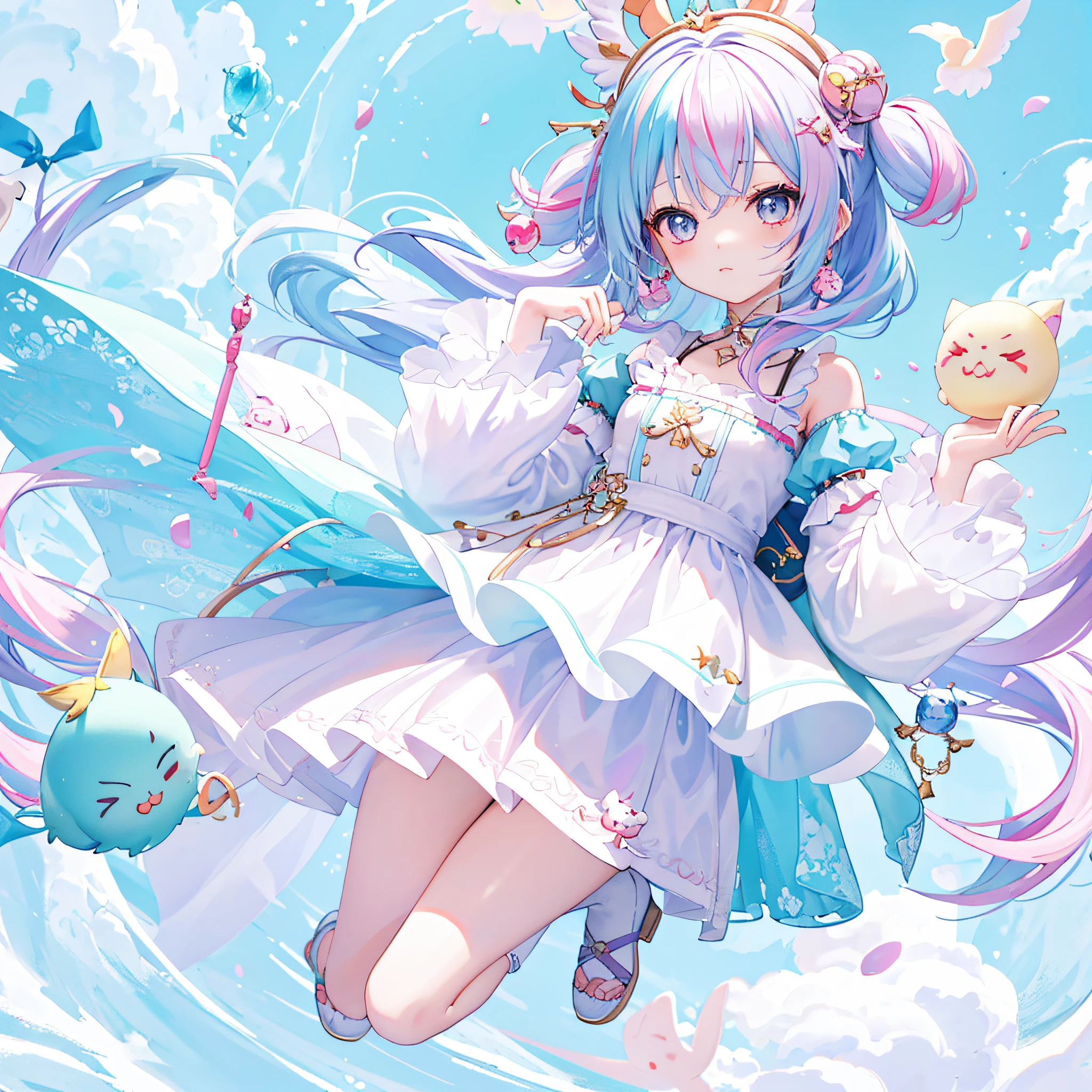 （（a sticker：1.5）））， （（Chibi Character））， （white backgrounid）， fluffly， girl with， Sorcerer's costume，  full body Esbian， Pastel Hair， Pastel colors hair， fairytale，  T-shirt design， tmasterpiece， best qualtiy，Shining eyes、cute little!!Chibi!!!,（Chibikyara）