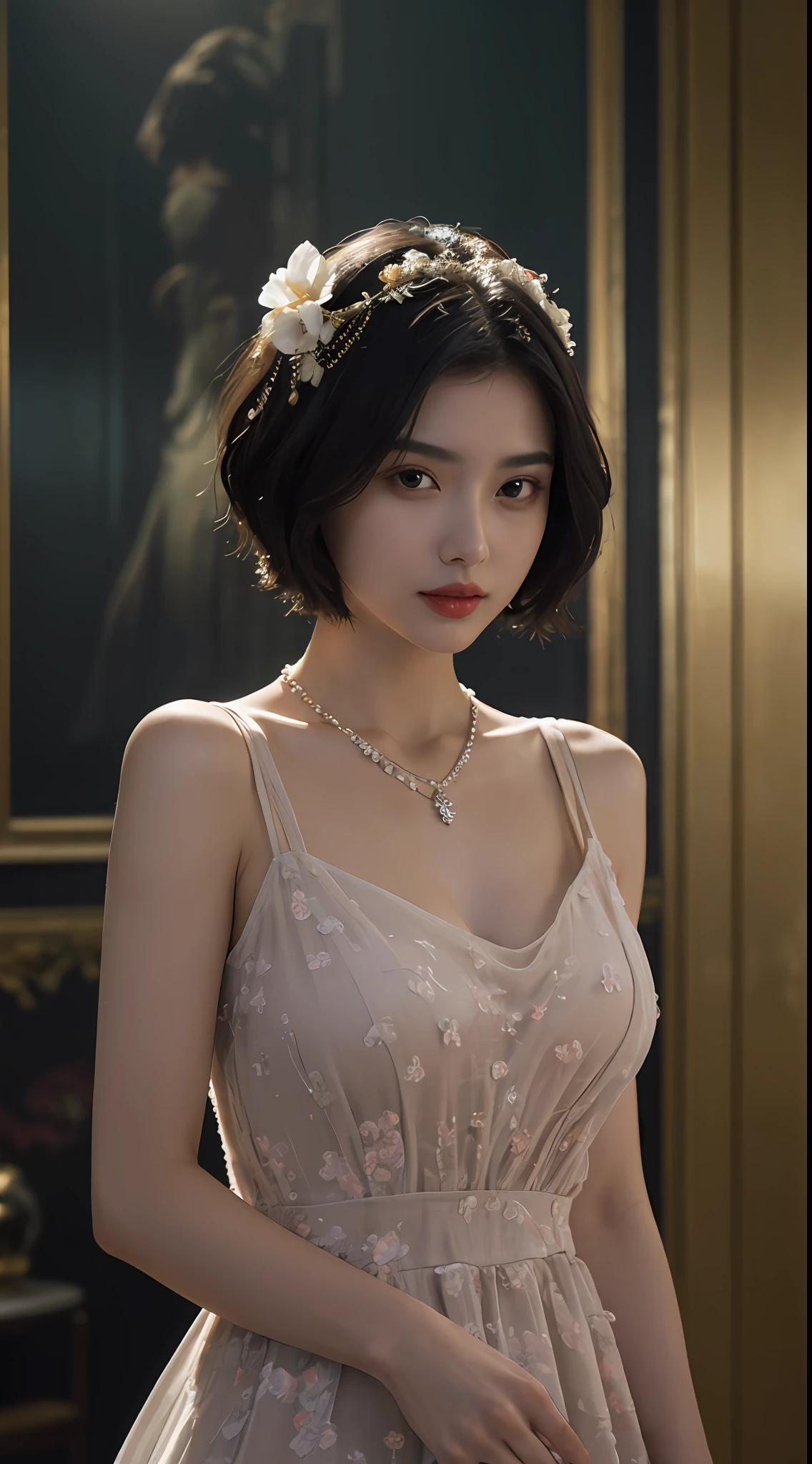 top-quality、masterpiece、超A high resolution、(Photorealsitic:1.5)、Raw foto、1girl in、murky、deep-shadows、Unobtrusive、cold light、sexy appearance、shorth hair、((very_short_hair))、((Luxury evening dresses))、((Luxurious painting))、((Luxurious necklace))、((Floral hair ornament))、((hair_ornament))