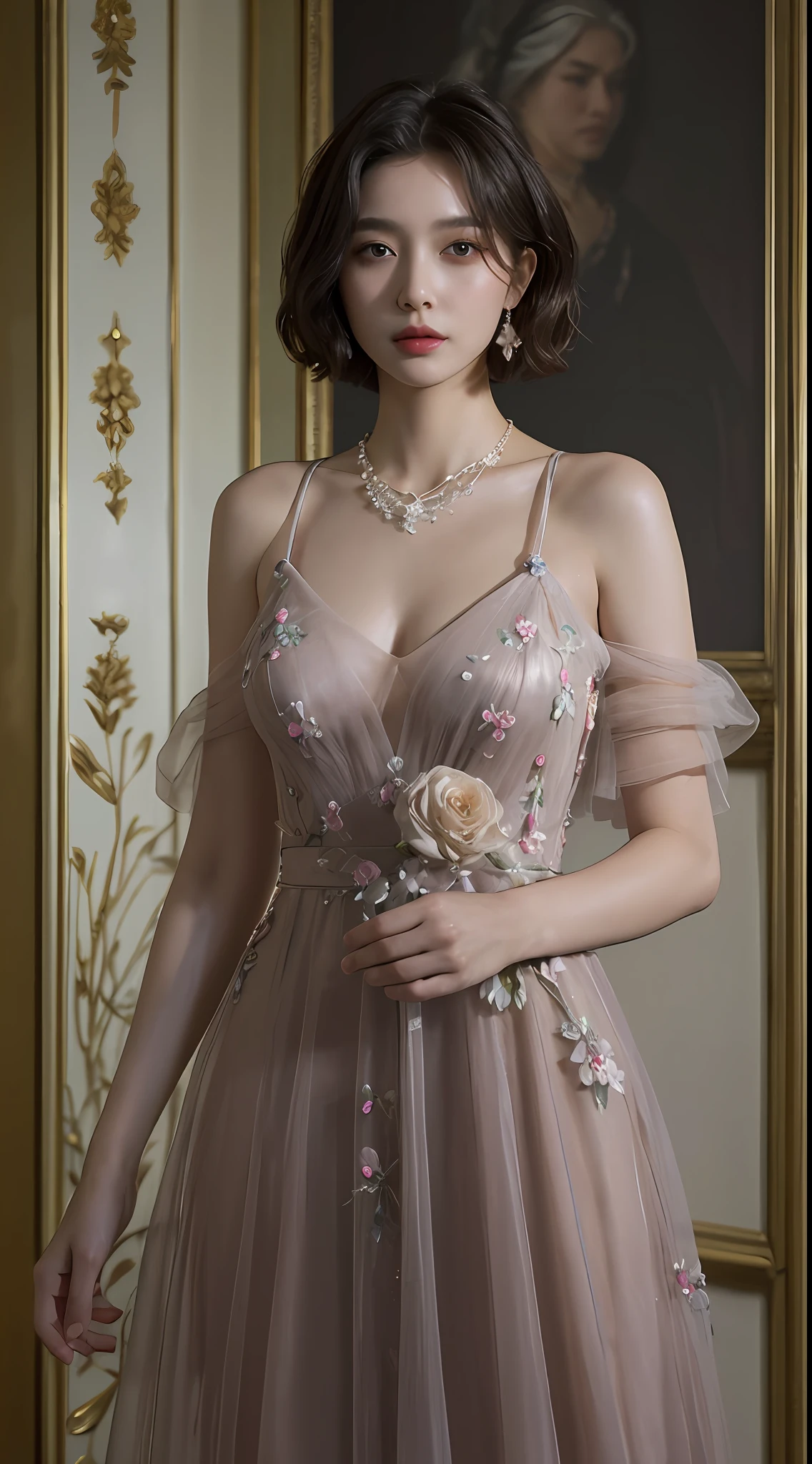 top-quality、masterpiece、超A high resolution、(Photorealsitic:1.5)、Raw foto、1girl in、murky、deep-shadows、Unobtrusive、cold light、sexy appearance、shorth hair、((very_short_hair))、((Luxury evening dresses))、((Luxurious painting))、((Luxurious necklace))、((Floral hair ornament))、((hair_ornament))