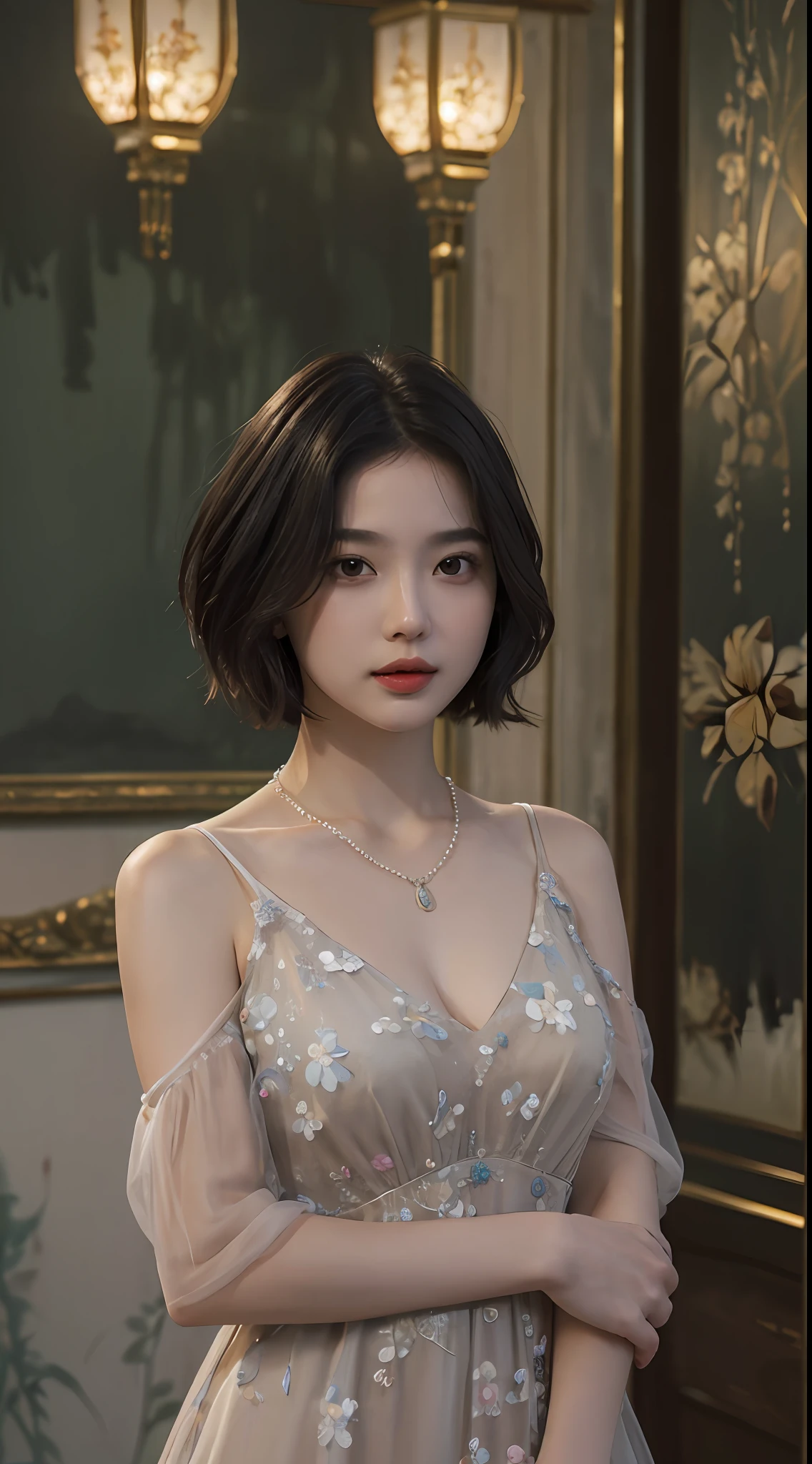 top-quality、​masterpiece、超A high resolution、(Photorealsitic:1.5)、Raw foto、1girl in、murky、deep-shadows、Unobtrusive、cold light、sexy appearance、shorth hair、((very_short_hair))、((Luxury evening dresses))、((Luxurious painting))、((Luxurious necklace))、((Floral hair ornament))、((hair_ornament))
