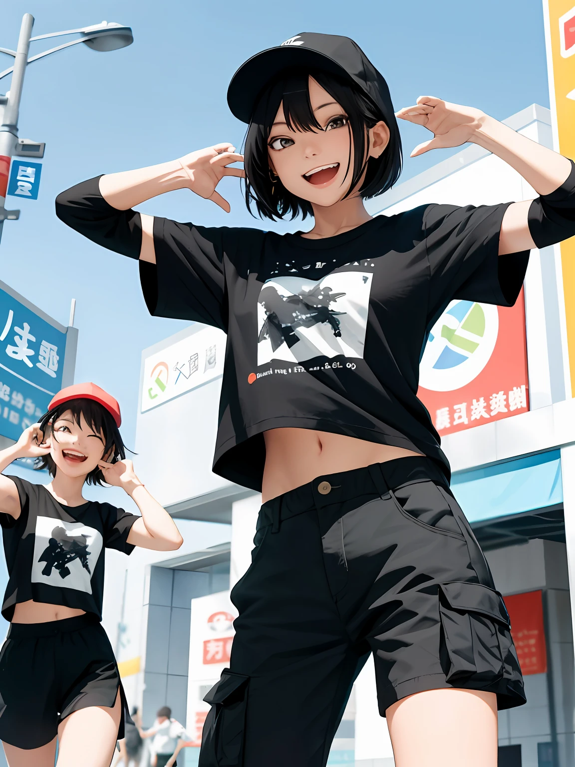 tmasterpiece,HighestQuali,one-girl,Above your head is a dialog box,There are numbers on it "1 2 3" written on it, Pose(Raise with one arm + cheerfulness), Inspired by the China Expo Park, raise both arms, inspired by Saneatsu Mushanokōji, pudica pose gesture, triumphant pose,Black cap,shoulder-length short hair,Black short-sleeved T-shirt,Black cargo pants,Laugh happily