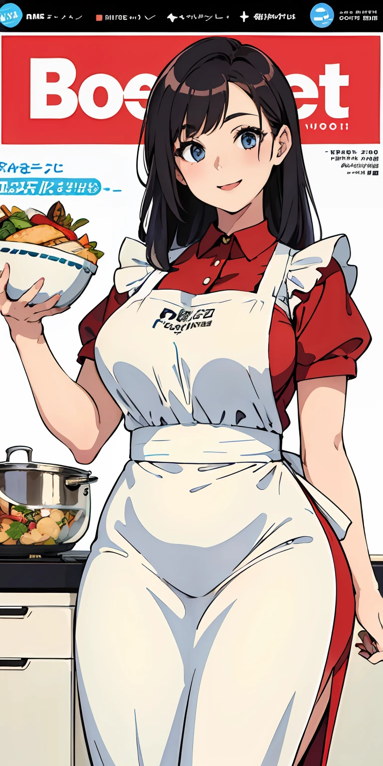 (Best Quality, Masterpiece), Women's Cooking Magazine Cover, 1girl, 20 years old, stunning, cute, warm smile, hourglass figure, floral dress, apron, food, text, chart, advertising, magazine title