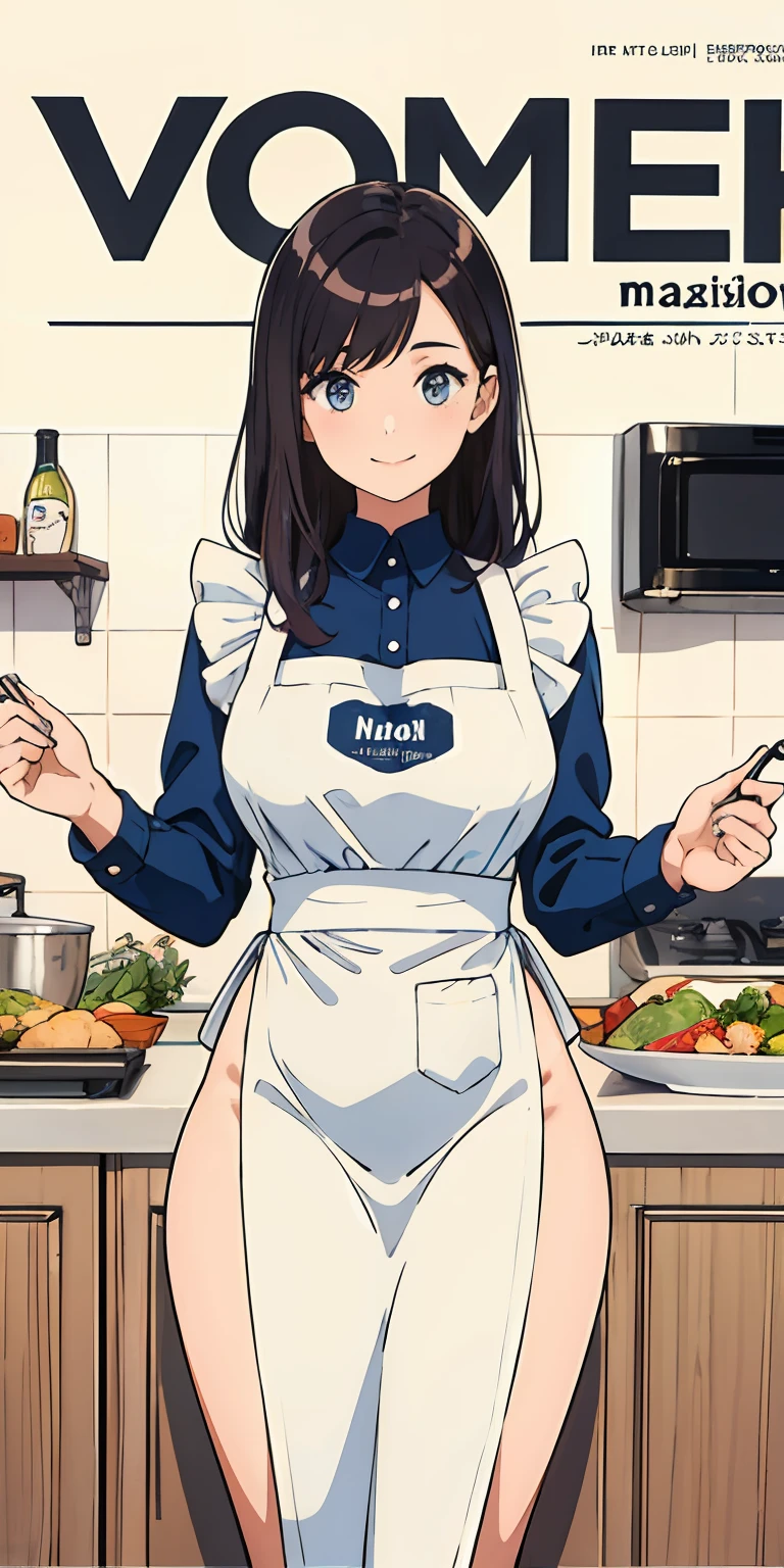 (Best Quality, Masterpiece), Women's Cooking Magazine Cover, 1girl, 20 years old, stunning, cute, warm smile, hourglass figure, floral dress, apron, food, text, chart, advertising, magazine title