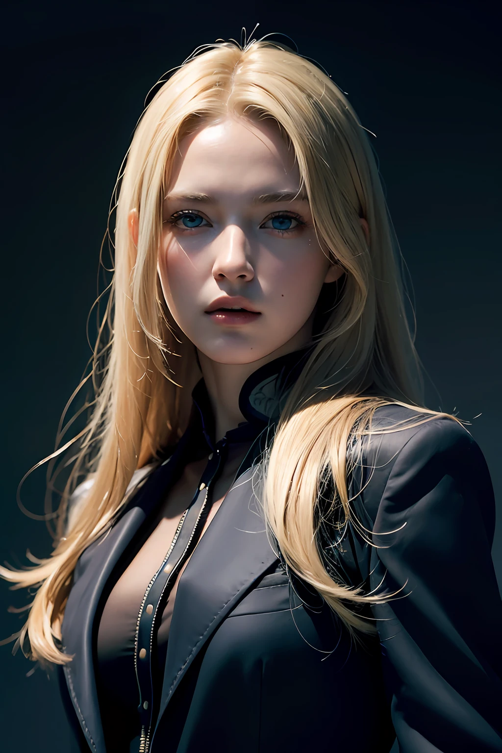 Best quality, masterpiece, ultra high res, (photorealistic:1.4), raw photo, 1girl, blonde hair, blue eyes,  detailed eyes and face, black suit, dynamic lighting, in the dark, deep shadow, low key, cowboy shot full-lenght body