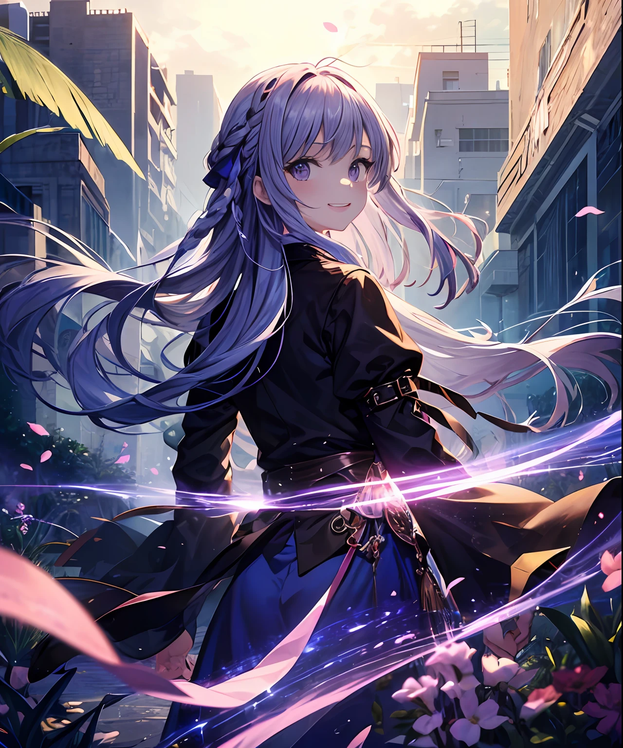 (​masterpiece、top-quality)、frontage、独奏、1girl in、is standing、Hands folded behind your back、amidst nature、A smile、The long-haired、Light purple hair、Hair flutters in the wind、with light glowing、Windy、Adult、