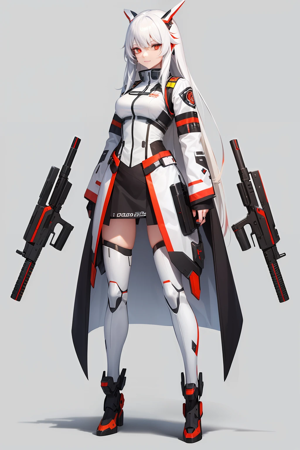 Sci-fi girl character design|Sci-fi guns|White sci-fi costume|Long white hair|red color eyes,rebelliousness,A bad smile,wearing a mecha